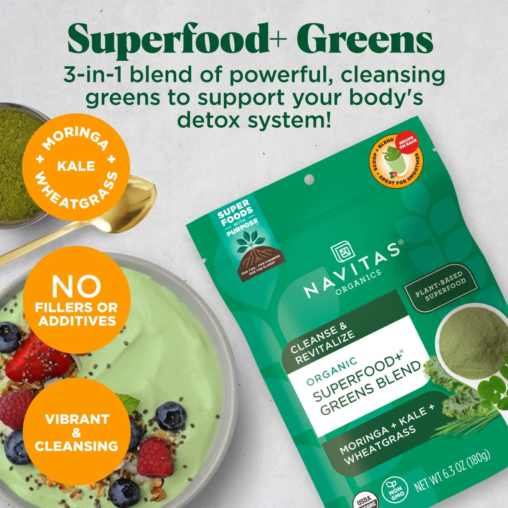 Navitas Organics Superfood+ Greens Blend for Detox Support (Moringa + Kale + Wheatgrass), 6.3oz Bag, 30 Servings — Organic, Non-GMO, Vegan, Gluten-Free, Keto & Paleo.… - Image 6