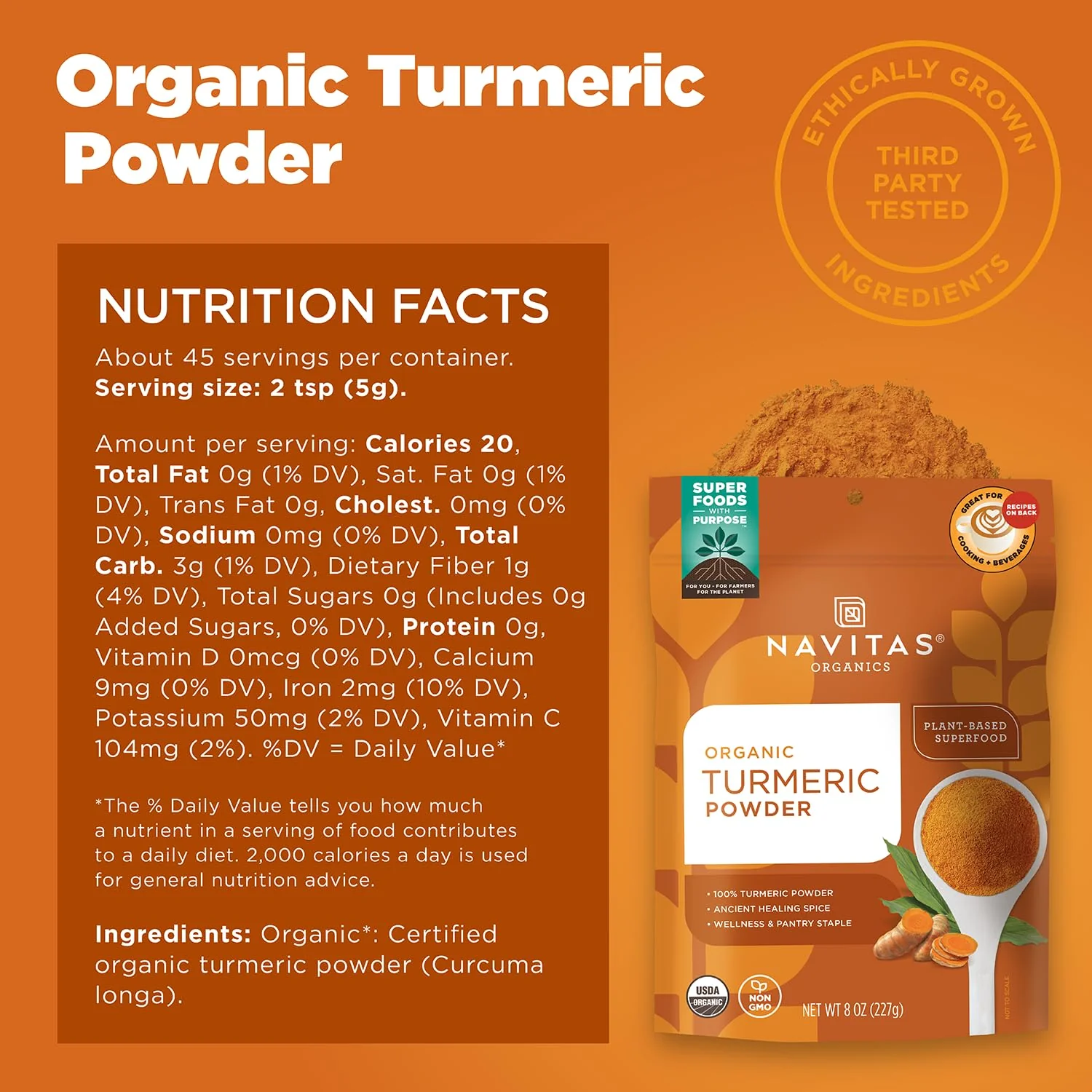 Navitas Organics Turmeric Powder – for Smoothies, Golden Milk, Curries & More – Natural Curcumin – Anti-inflammatory – USDA Organic, Non GMO, Kosher Gluten Free, Vegan (8oz. Bag, 45 Servings) - Image 8