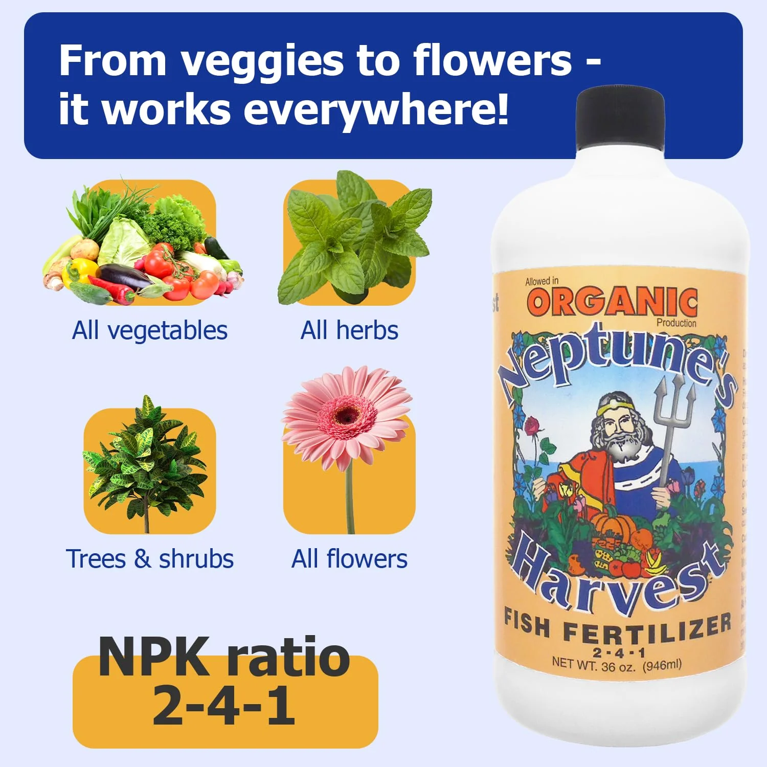 Neptune's Harvest Fish Fertilizer (2-4-1) - 36oz Bottle - Organic Liquid Plant Fertilizer - Fish Hydrolysate for Vegetables, Flowers, Fruit, Trees, Grass - Indoor and Outdoor Plant Food - Image 5