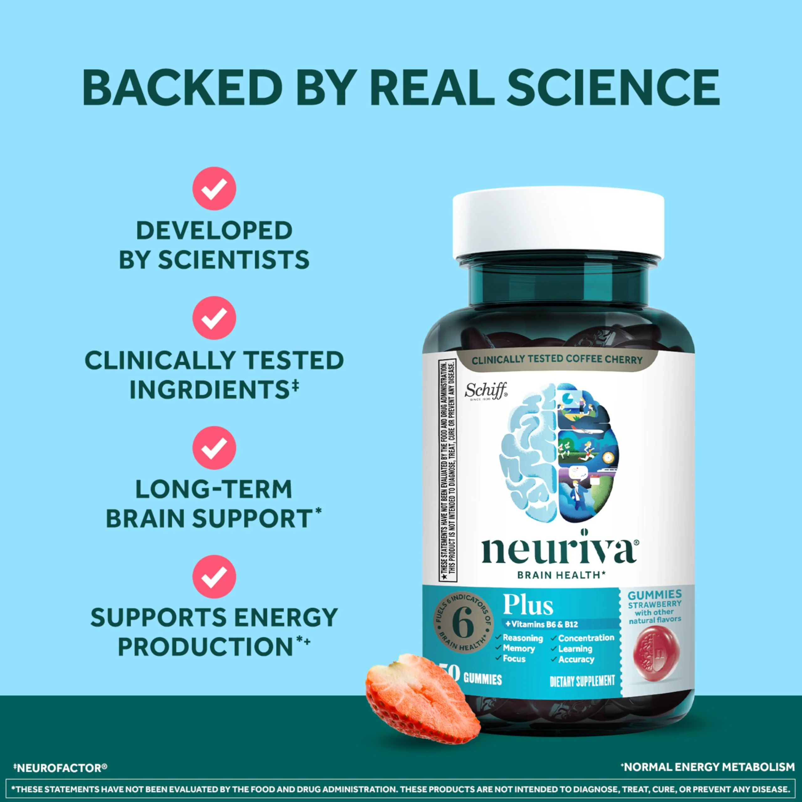 NEURIVA Plus Decaffeinated Nootropic Brain Supplement for Memory, Focus & Concentration & Cognitive Function, Clinically Tested NeuroFactor, Phosphatidylserine, Vitamins B6 B12,50ct Strawberry Gummies - Image 17