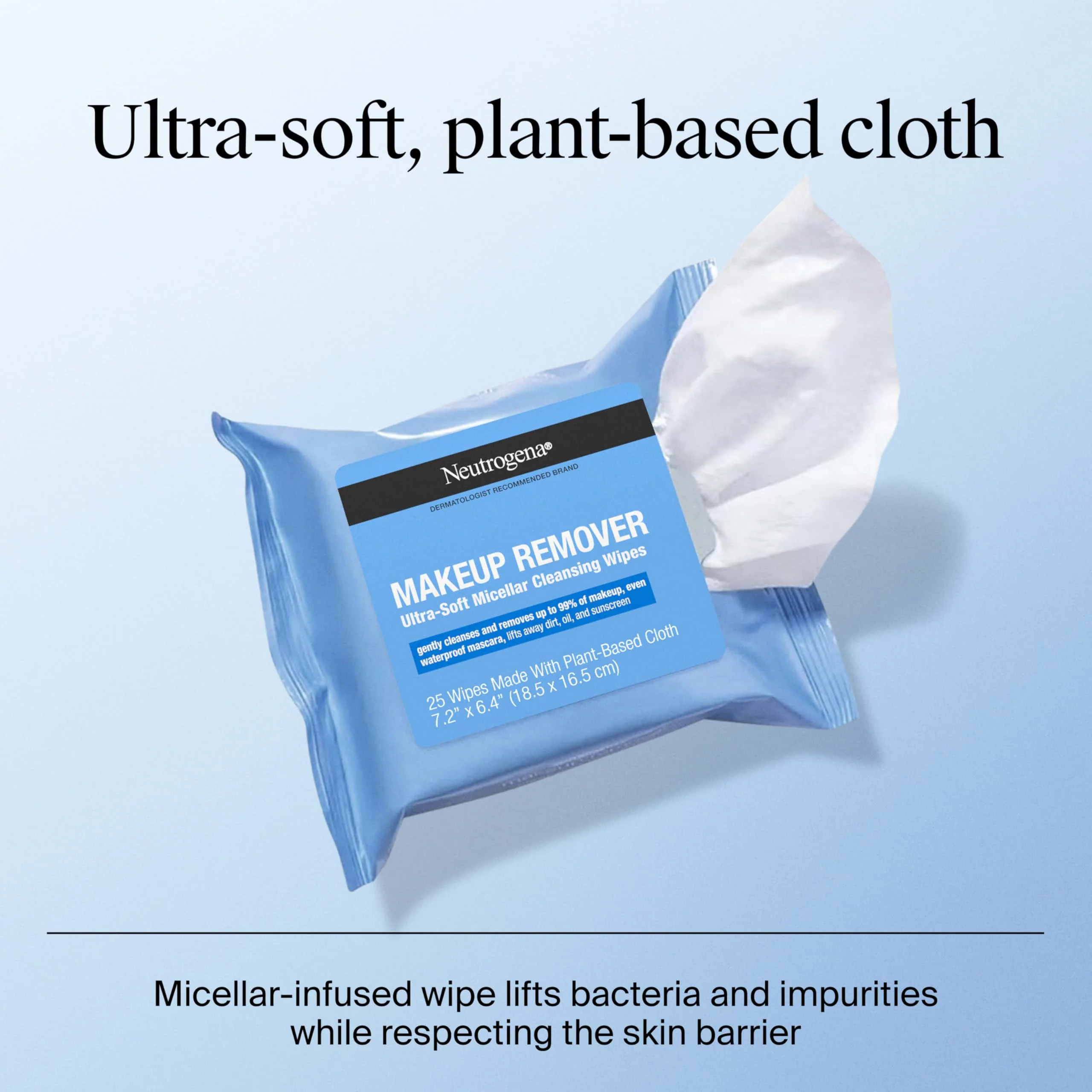 Neutrogena Makeup Remover Wipes, Daily Ultra-Soft Micellar Cleansing Wipes Gently Re-move Oil & Makeup with No Heavy Residue, formulated without alcohol & Made with Plant-Based Cloth, 25 Ct with Case - Image 4