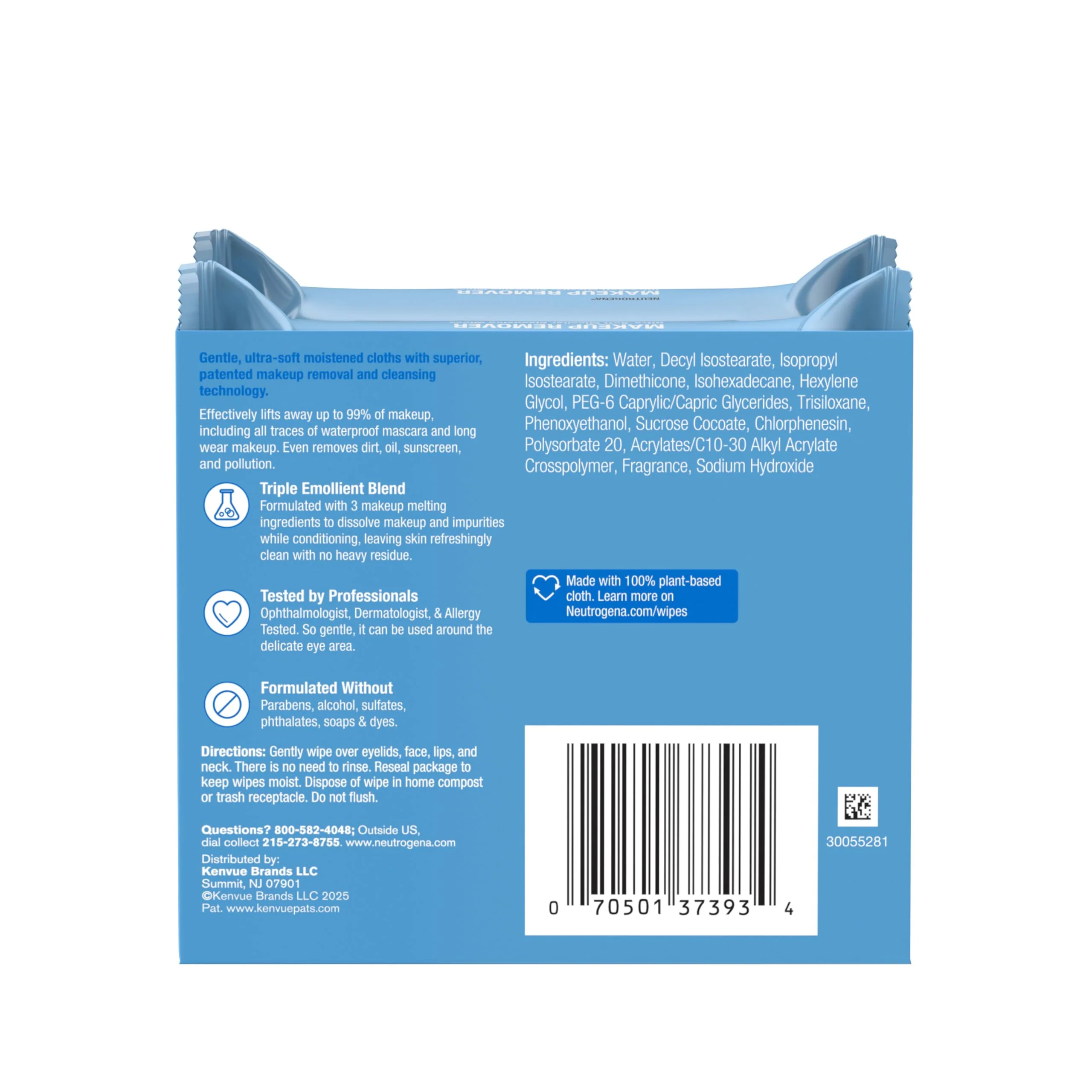 Neutrogena Makeup Remover Wipes Micellar Alcohol-Free Face Towelettes Remove Waterproof Mascara & Oil, Compostable 100% Plant-Based Cloth, Dermatologist & Ophthalmologist Tested, Twin Pack 2 x 25 ct - Image 2