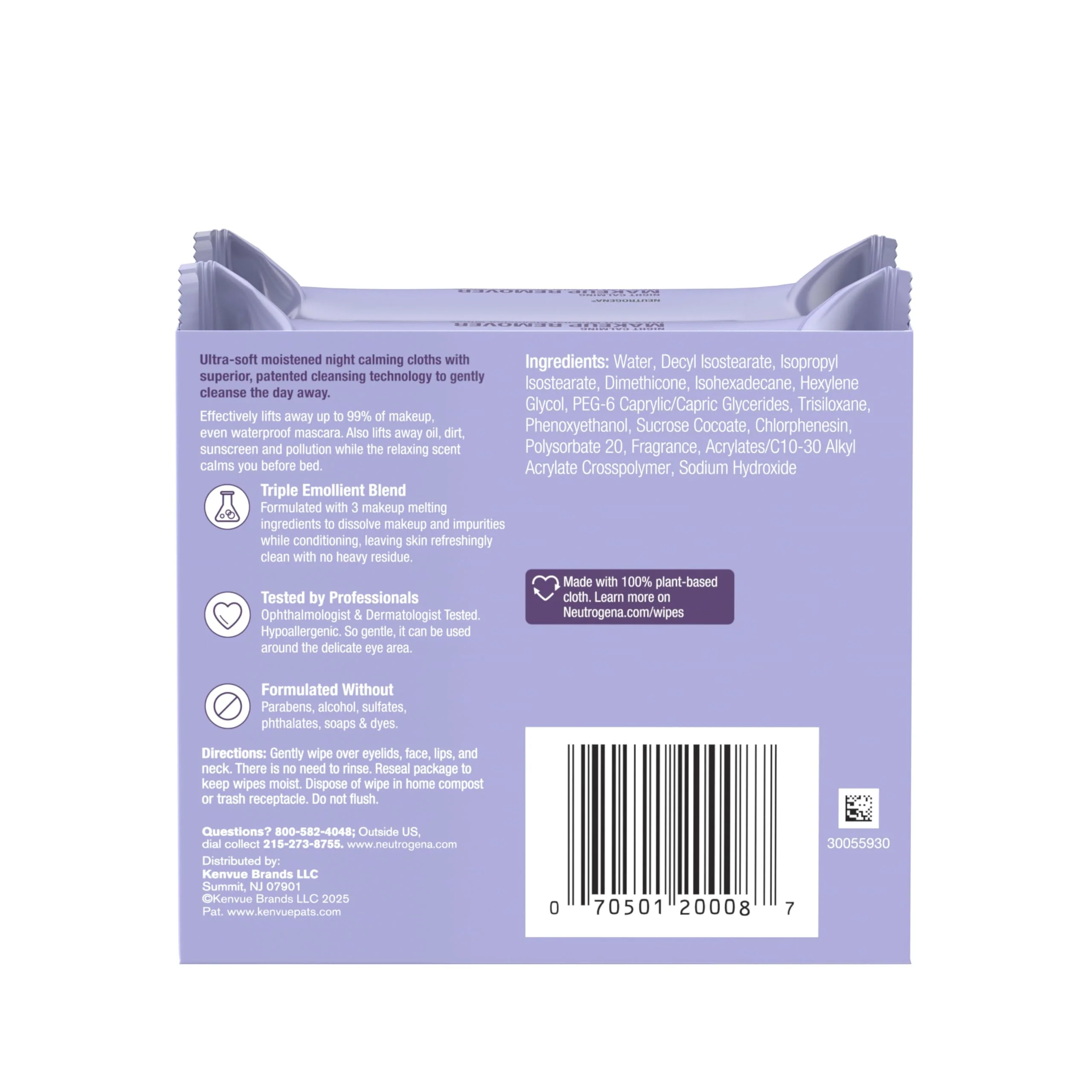 Neutrogena Night Calming Makeup Remover Face Wipes, Nighttime Cleansing Towelettes Remove Sweat, Dirt & Makeup & Calms Skin, Hypoallergenic, 100% Plant Based Cloth, Twin Pack, 2 x 25 ct - Image 2