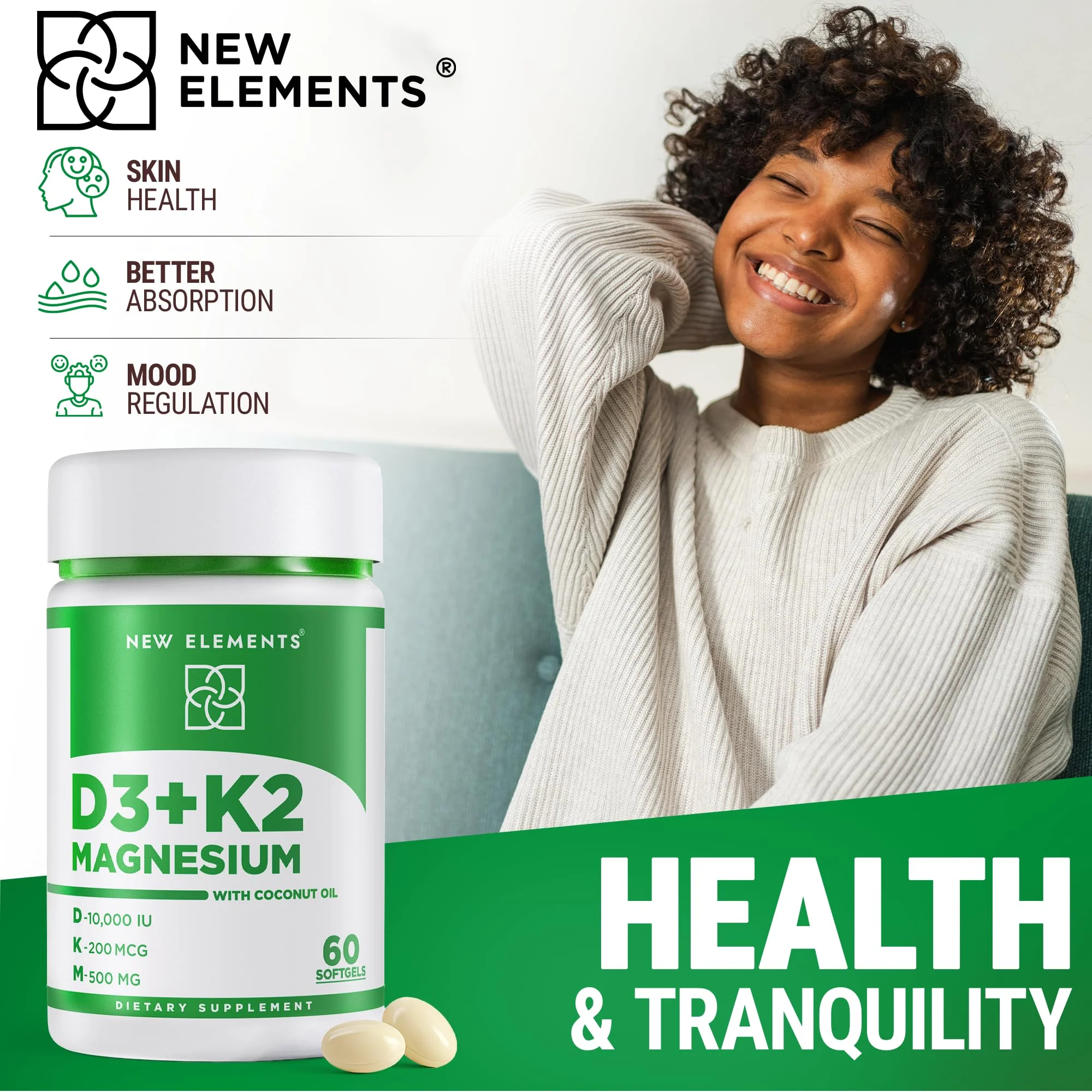 New Elements Vitamin D3 K2 10,000 IU with Magnesium Glycinate 500mg - Bone Health, Immune Support, Energy & Mood - Non-GMO, Gluten-Free, Sugar-Free Softgels for Women & Men (60 softgels) - Image 10