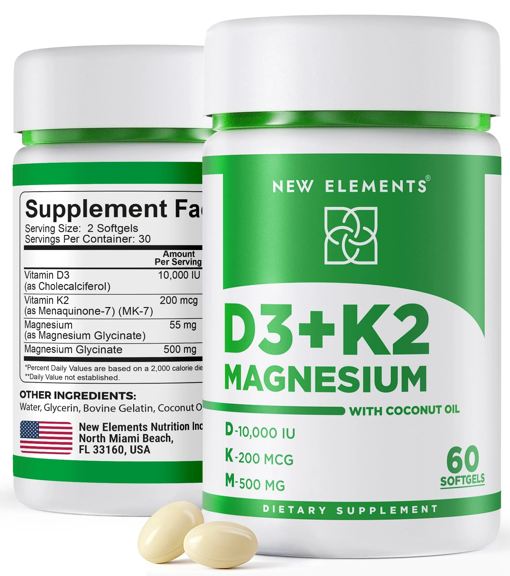 New Elements Vitamin D3 K2 10,000 IU with Magnesium Glycinate 500mg - Bone Health, Immune Support, Energy & Mood - Non-GMO, Gluten-Free, Sugar-Free Softgels for Women & Men (60 softgels) - Image 15