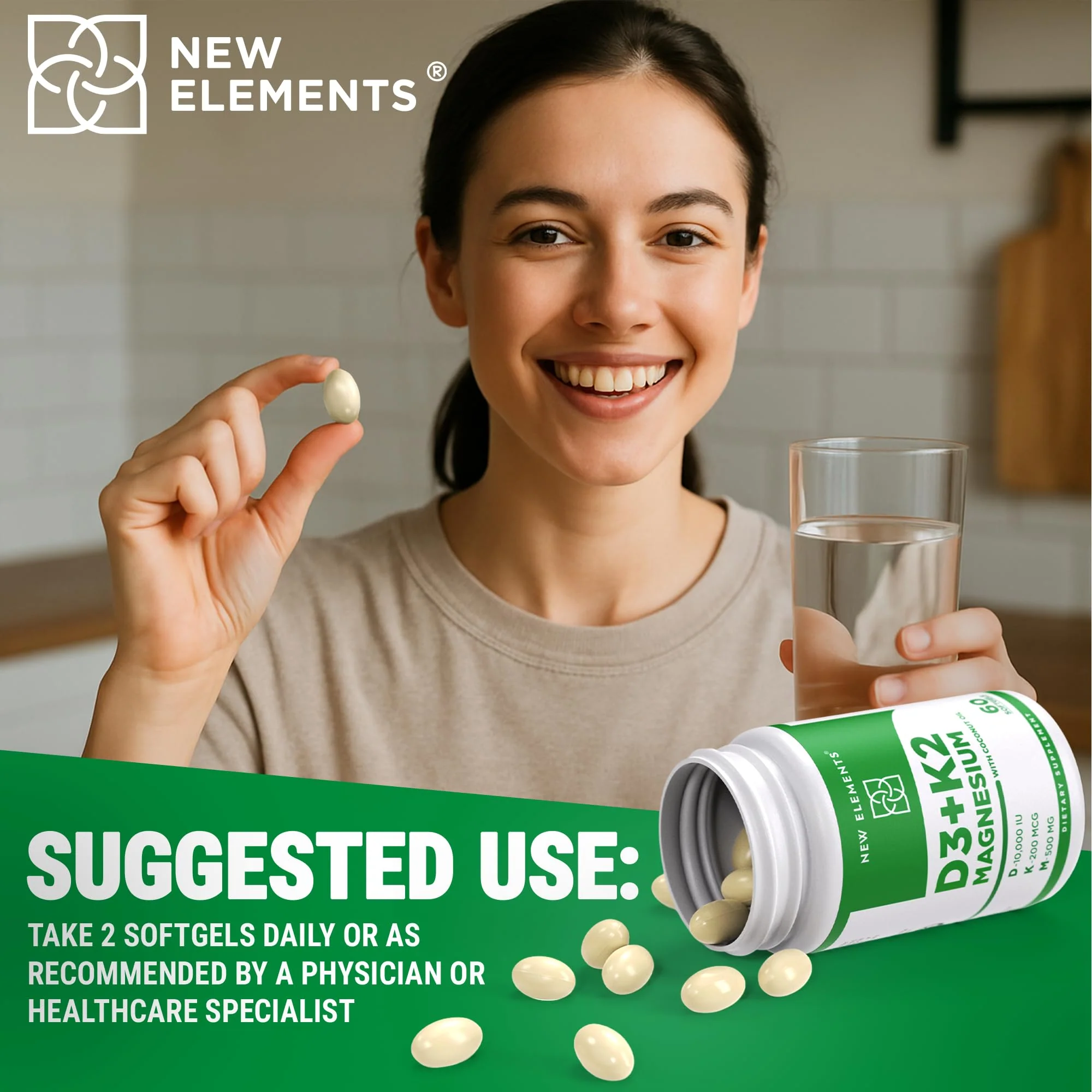 New Elements Vitamin D3 K2 10,000 IU with Magnesium Glycinate 500mg - Bone Health, Immune Support, Energy & Mood - Non-GMO, Gluten-Free, Sugar-Free Softgels for Women & Men (60 softgels) - Image 16
