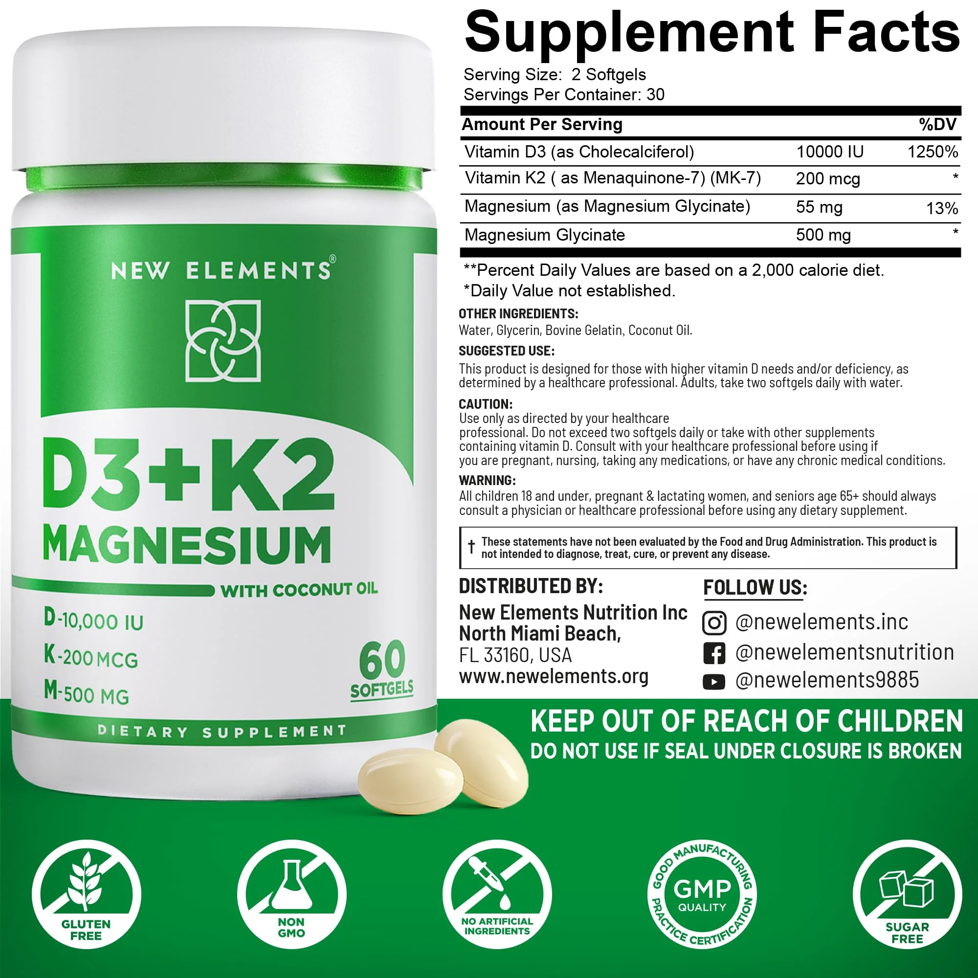 New Elements Vitamin D3 K2 10,000 IU with Magnesium Glycinate 500mg - Bone Health, Immune Support, Energy & Mood - Non-GMO, Gluten-Free, Sugar-Free Softgels for Women & Men (60 softgels) - Image 19