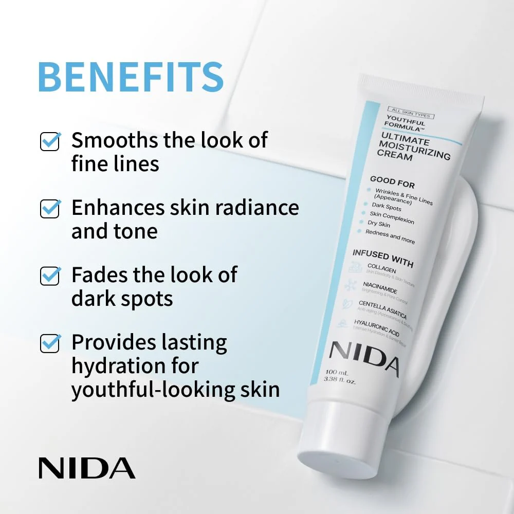 NIDA Youthful Formula™ Ultimate Moisturizing Cream | Centella Asiatica, Niacinamide, Hyaluronic Acid, Collagen | Wrinkles, Fine Lines, Dark Spots, Dry Skin, Redness | 3.38 fl. oz., 100ml (Old Formula) - Image 8