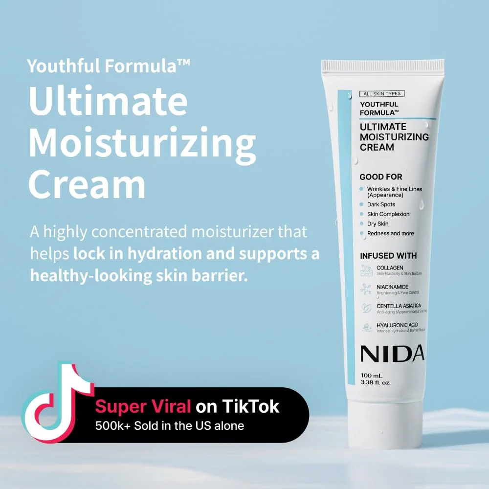 NIDA Youthful Formula™ Ultimate Moisturizing Cream | Centella Asiatica, Niacinamide, Hyaluronic Acid, Collagen | Wrinkles, Fine Lines, Dark Spots, Dry Skin, Redness | 3.38 fl. oz., 100ml (Old Formula) - Image 9