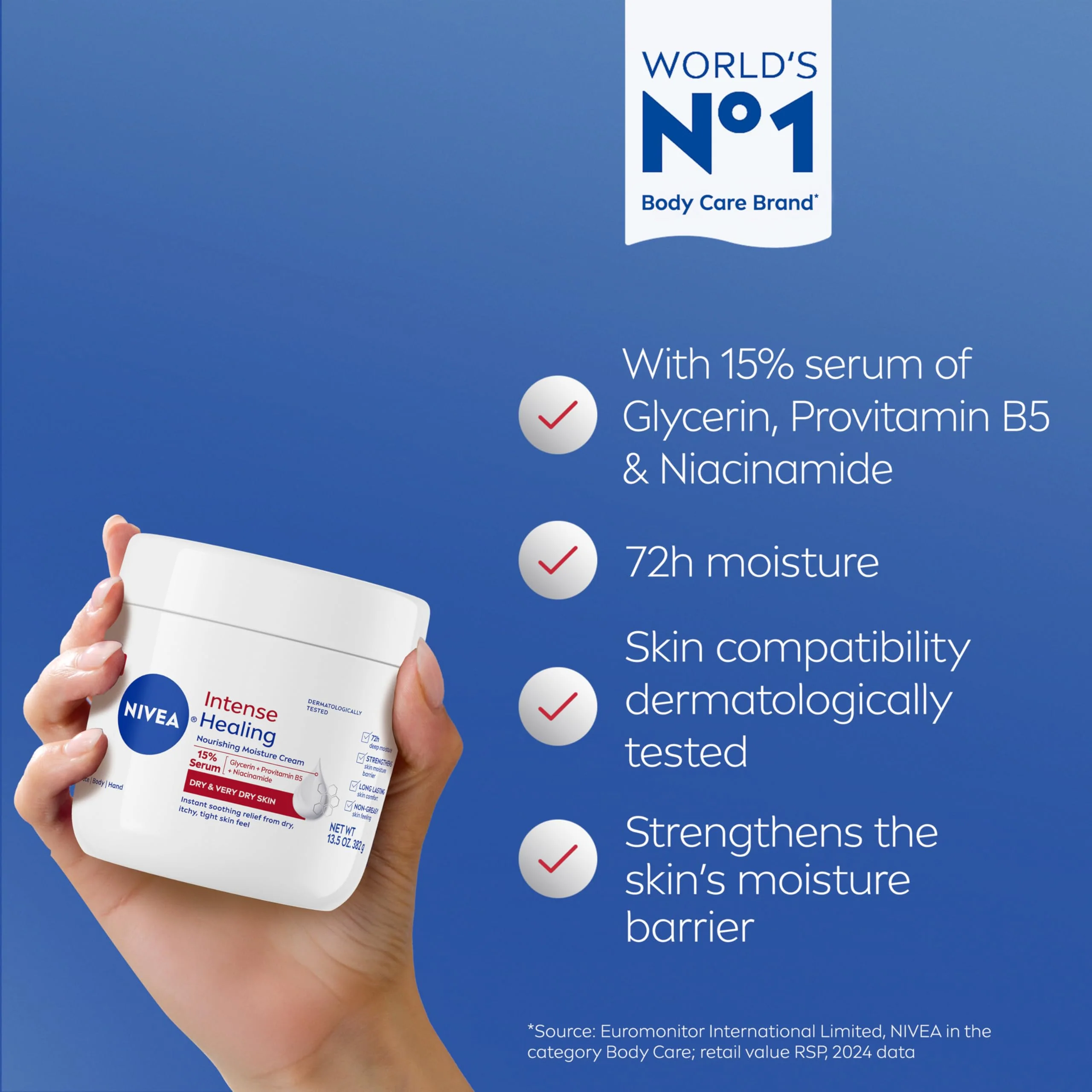 NIVEA Intense Healing Body Cream for Dry Skin with Glycerin, Provitamin B5 and Niacinamide, 72-Hour Moisture, Non-Greasy Body Moisturizer Immediately Soothes Dry, Itchy Skin Feeling, 13.5 Oz Jar - Image 8