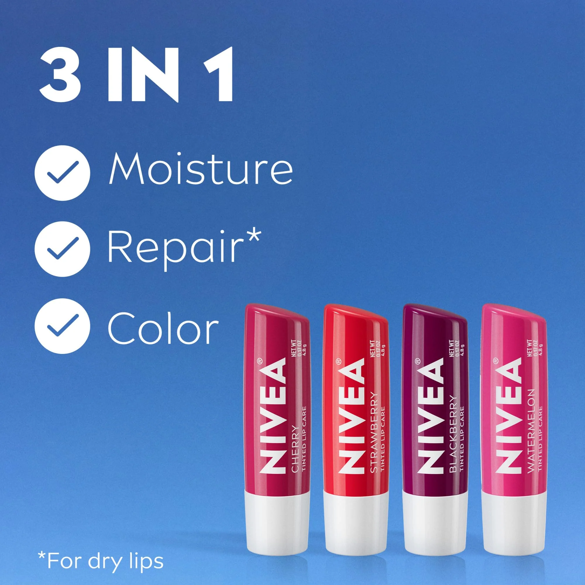 NIVEA Lip Care, Fruity Tinted Lip Balm Variety Pack, Cherry, Strawberry, Blackberry and Watermelon Flavors, 3-in-1 Moisture, Repair and Color, 0.17 Oz Stick, Pack of 4 - Image 14