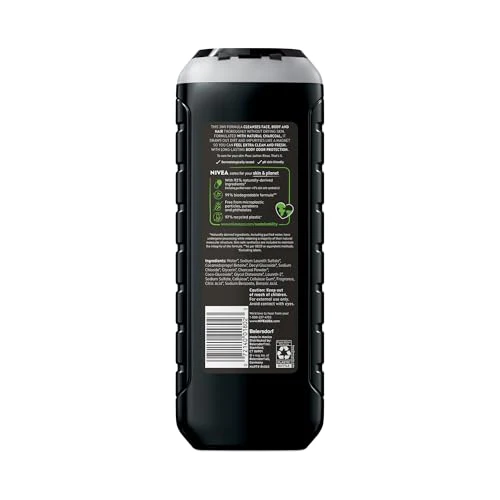 NIVEA Men Active Clean Body Wash with Natural Charcoal for Normal to Oily Skin, 3-in-1 Charcoal Body Wash, Face and Hair, Draws Out Dirt and Impurities, 16.9 Fl Oz Bottle, Pack of 3 - Image 2