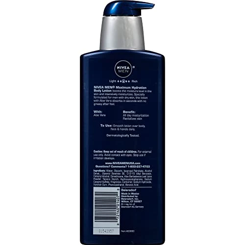 NIVEA MEN Maximum Hydration 48-Hour Moisture Body Lotion for Dry Skin, Aloe Vera Lotion for Men, 3-in-1 Body, Face and Hands, Dermatologically-Tested, 16.9 Fl Oz Bottle - Image 2