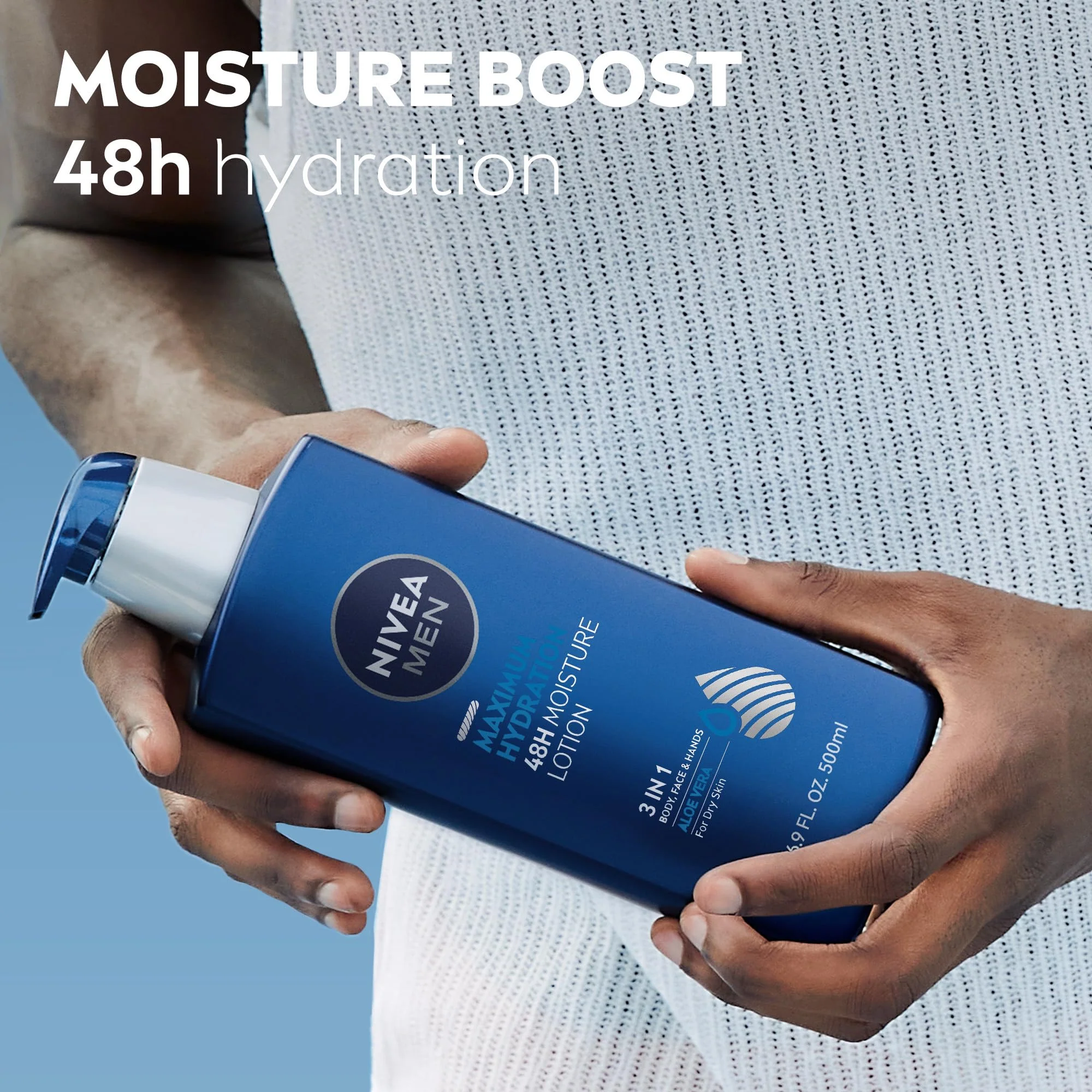 NIVEA MEN Maximum Hydration 48-Hour Moisture Body Lotion for Dry Skin, Aloe Vera Lotion for Men, 3-in-1 Body, Face and Hands, Dermatologically-Tested, 16.9 Fl Oz Bottle - Image 6