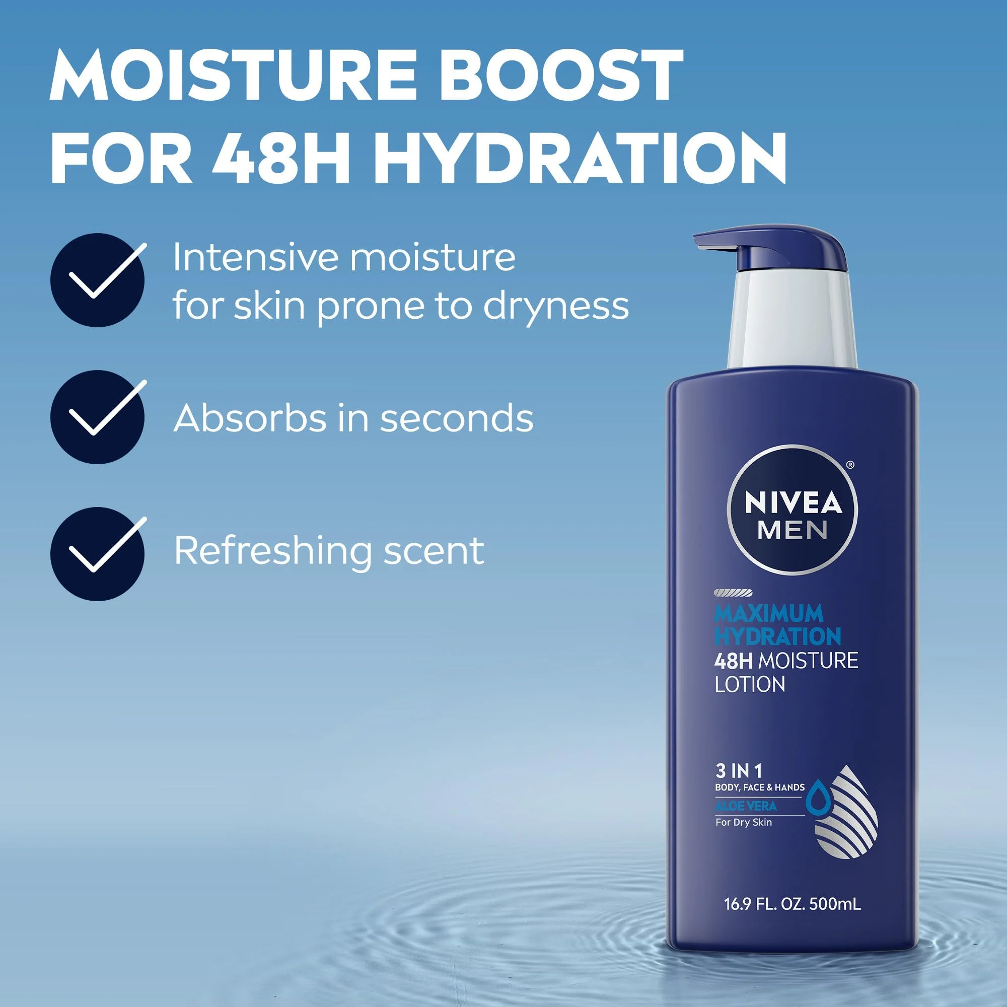 NIVEA MEN Maximum Hydration 48-Hour Moisture Body Lotion for Dry Skin, Aloe Vera Lotion for Men, 3-in-1 Body, Face and Hands, Dermatologically-Tested, 16.9 Fl Oz Bottle - Image 8
