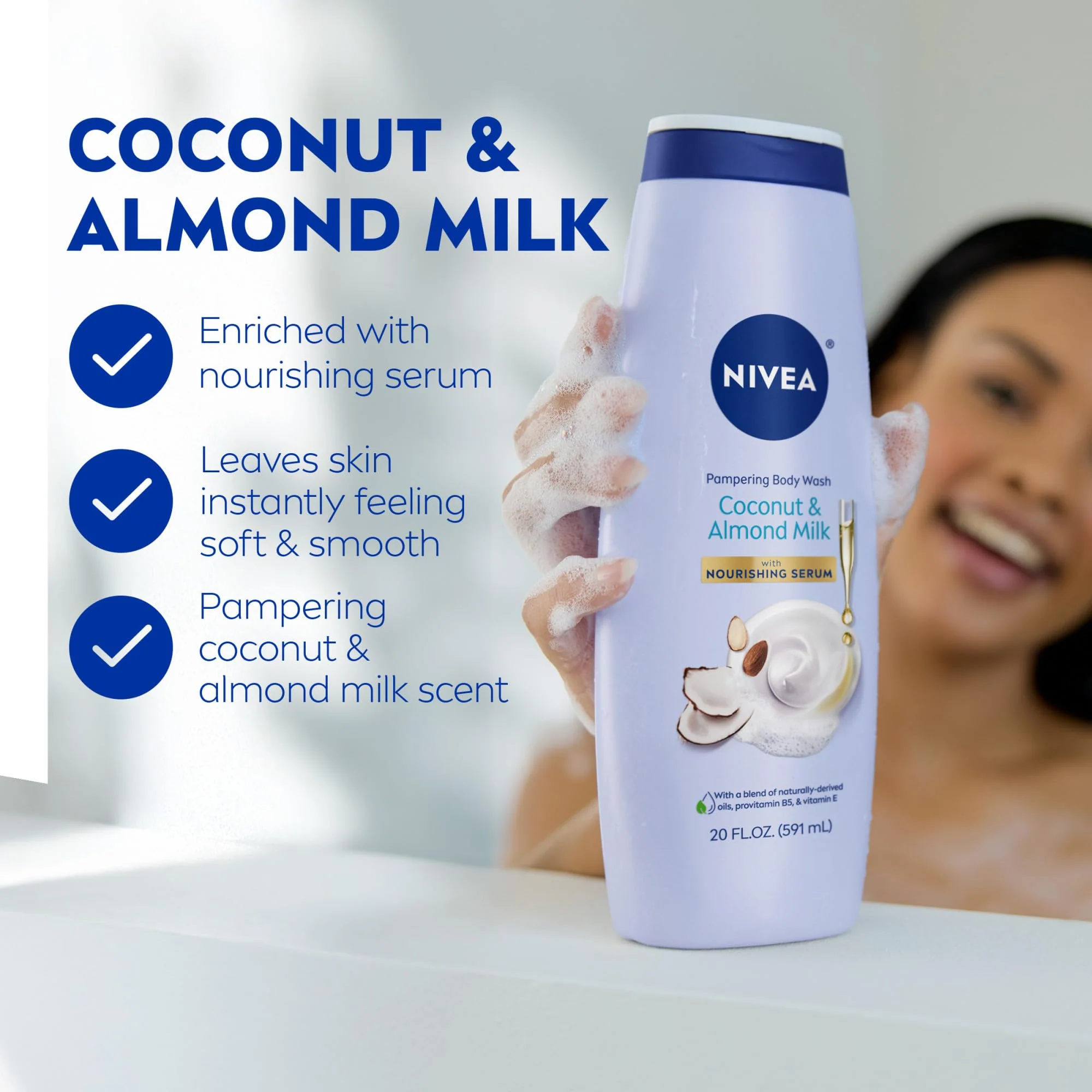 NIVEA Pampering Coconut and Almond Milk Body Wash with Nourishing Serum, Moisturizing Body Wash for Women, Enriched with Provitamin B5 and Vitamin E, 20 Fl Oz Bottle - Image 12