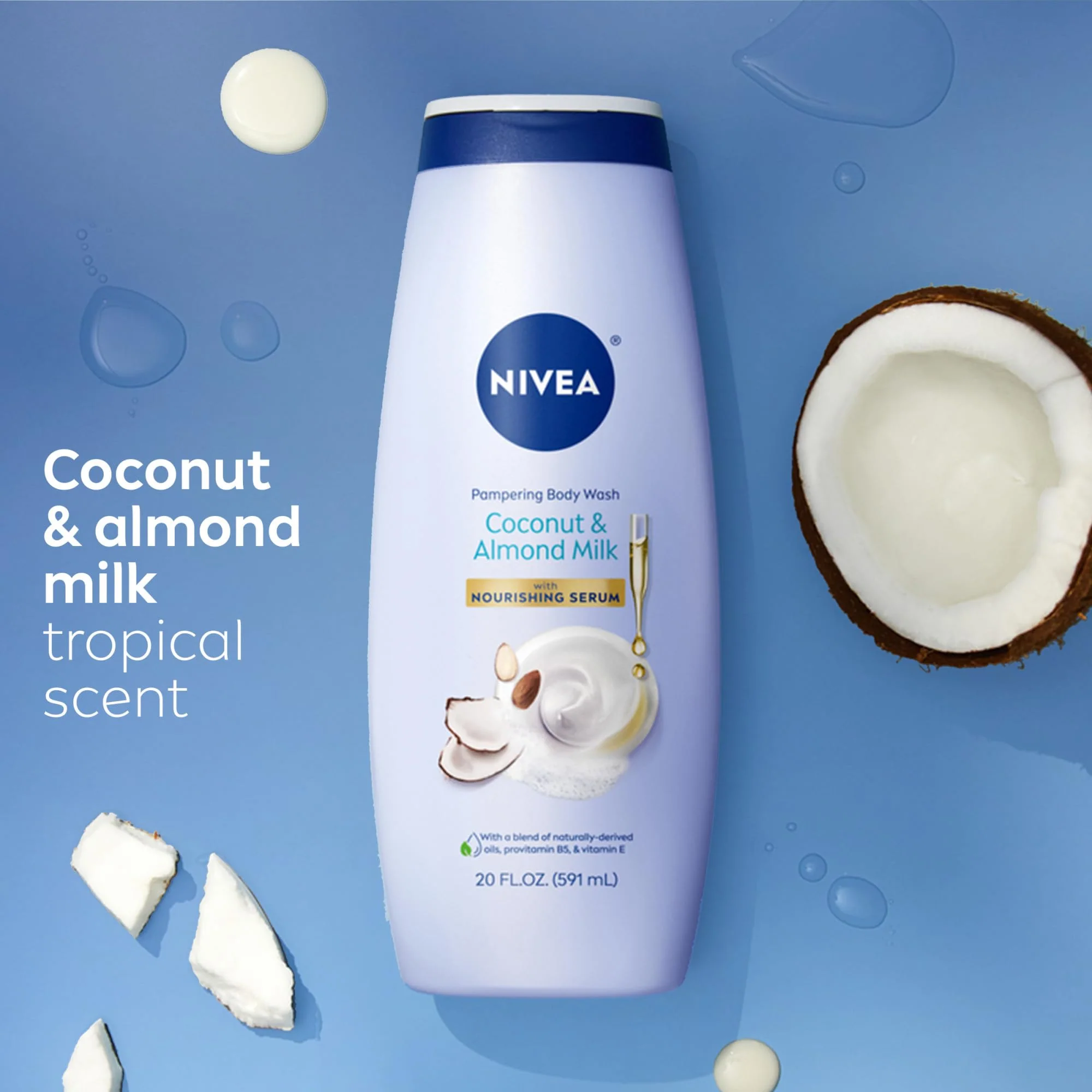 NIVEA Pampering Coconut and Almond Milk Body Wash with Nourishing Serum, Moisturizing Body Wash for Women, Enriched with Provitamin B5 and Vitamin E, 20 Fl Oz Bottle - Image 6