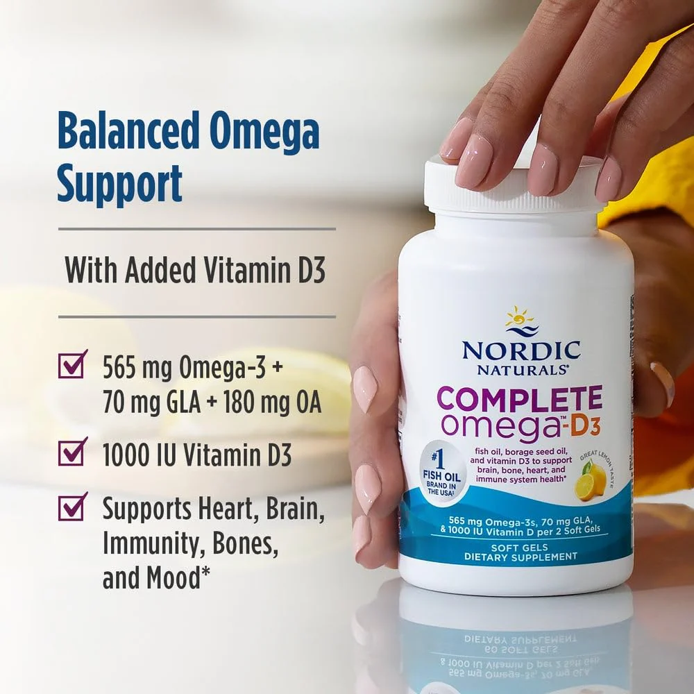 Nordic Naturals Complete Omega-D3, Lemon Flavor - 120 Soft Gels - 565 mg Omega-3 + 70 mg GLA + 1000 IU Vitamin D3 - EPA & DHA - Healthy Skin, Cognition, Positive Mood - Non-GMO - 60 Servings - Image 3