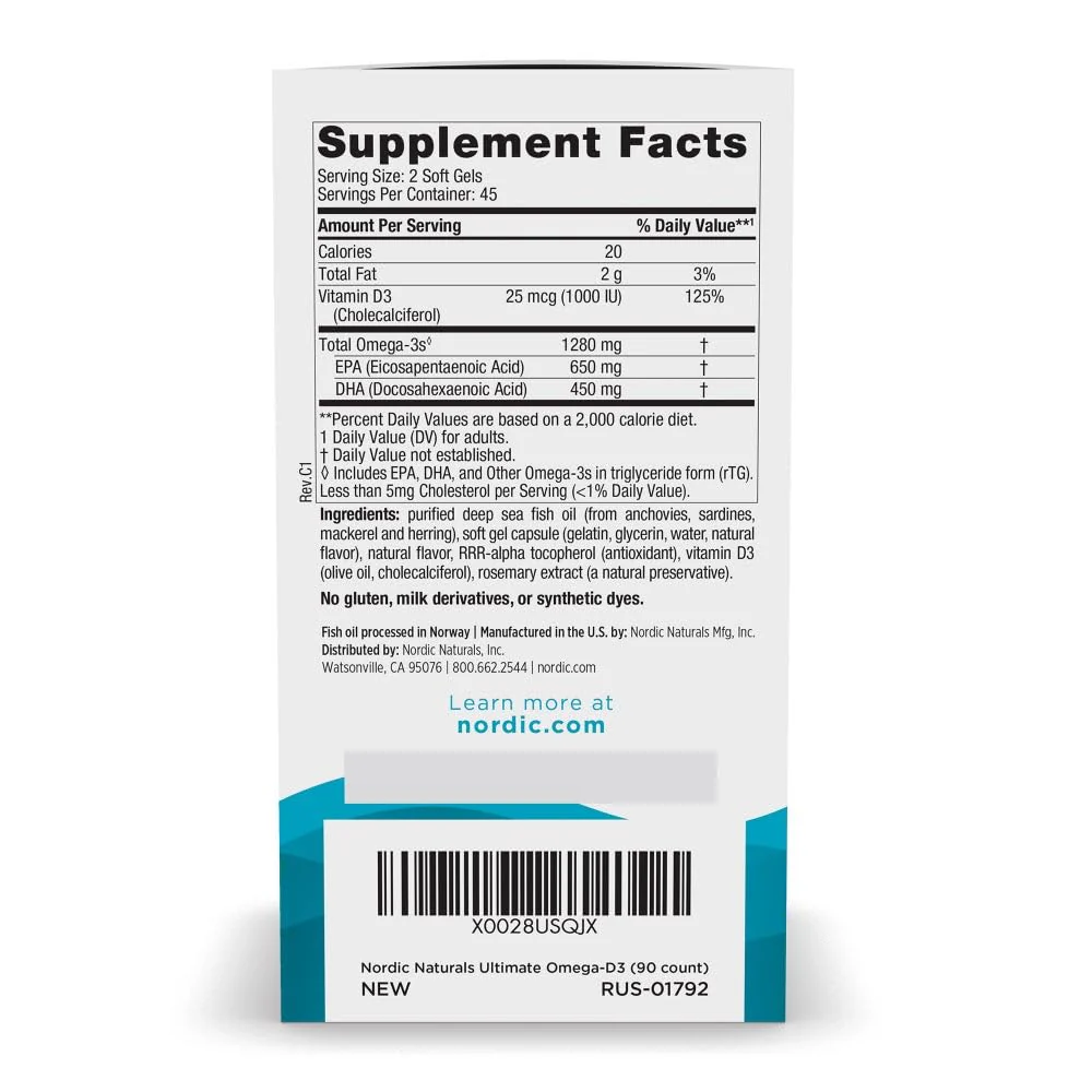 Nordic Naturals Ultimate Omega-D3, Lemon Flavor - 90 Soft Gels - 1280 mg Omega-3 + 1000 IU Vitamin D3 - EPA & DHA - Promotes Brain, Heart, & Immune Health - 45 Servings - Image 8