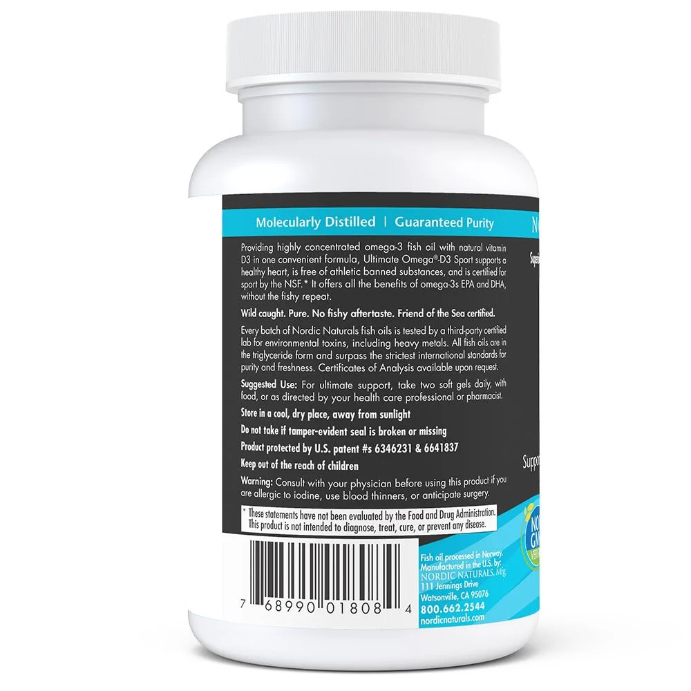 Nordic Naturals Ultimate Omega-D3 Sport, Lemon - 60 Soft Gels - 1480 mg Omega-3 + 1000 IU Vitamin D3 - NSF Certified - Supports Muscle, Bones, Focus & Endurance - 30 Servings - Image 6