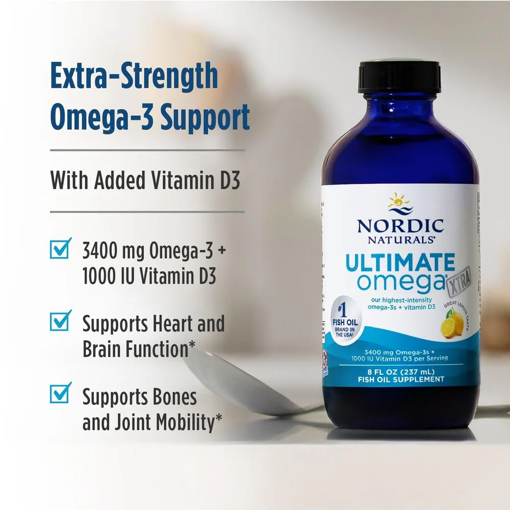 Nordic Naturals Ultimate Omega Xtra Liquid, Lemon Flavor - 8 oz - 3400 mg Omega-3 + 1000 IU Vitamin D3 - EPA & DHA - Brain, Heart, Joint, & Immune Health - Non-GMO - 48 Servings - Image 3