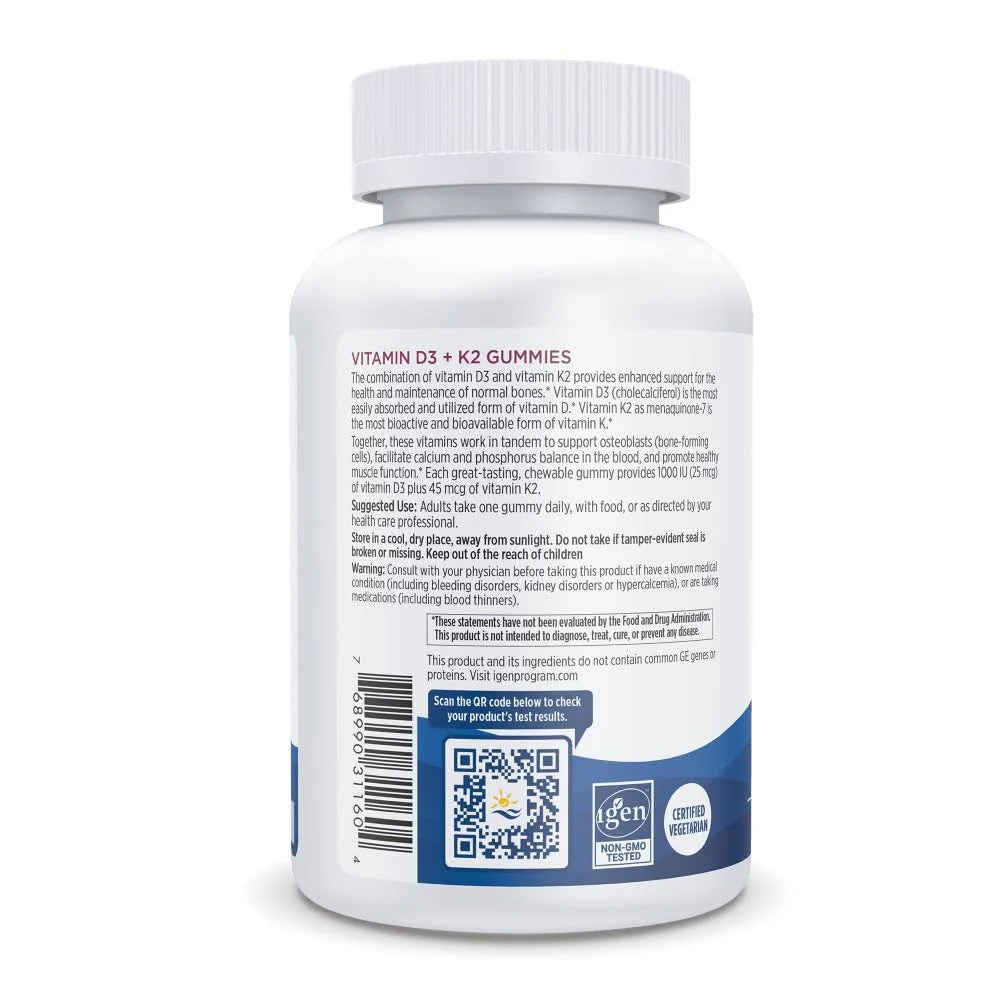 Nordic Naturals Vitamin D3 + K2 Gummies, Pomegranate - 60 Gummies - 1000 IU Vitamin D3 + 45 mcg K2 - Great Taste - Bone Health, Promotes Healthy Muscle Function - Non-GMO - 60 Servings - Image 6