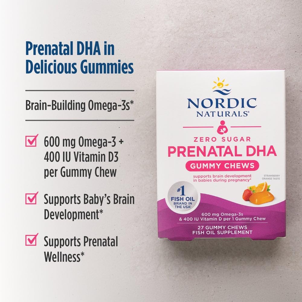 Nordic Naturals Zero Sugar DHA Prenatal Vitamin Gummies, Strawberry Orange Flavor - 27 Gummies - Supplements for Pregnancy - 600 mg Omega-3 Fish Oil and 400 IU Vitamin D3-27 Servings - Image 3