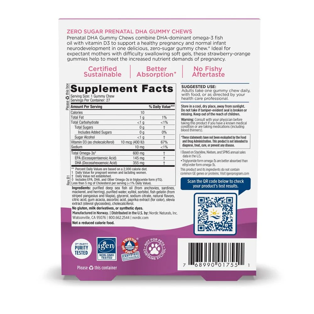 Nordic Naturals Zero Sugar DHA Prenatal Vitamin Gummies, Strawberry Orange Flavor - 27 Gummies - Supplements for Pregnancy - 600 mg Omega-3 Fish Oil and 400 IU Vitamin D3-27 Servings - Image 7