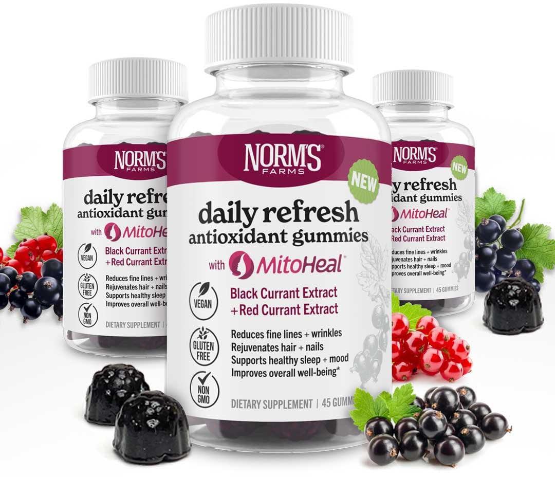 Norm's Farms Elderberry Antioxidant Gummies - Daily Refresh w/MitoHeal, 500mg Red & Black Currant Extract - Sleep, Mood, Skin, Hair & Nail Support - USA Made, Vegan, Non-GMO, Gluten-Free - 45 Gummies - Image 2