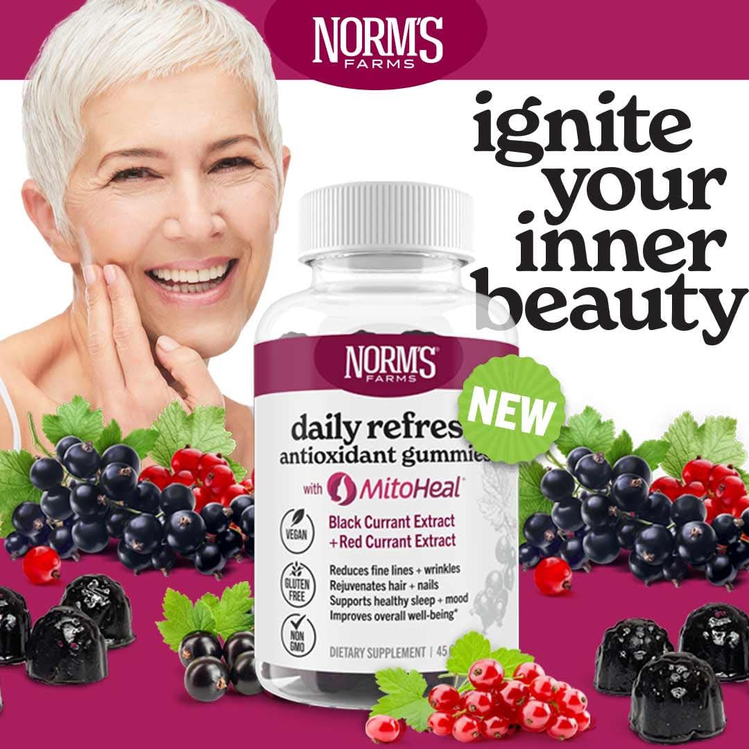 Norm's Farms Elderberry Antioxidant Gummies - Daily Refresh w/MitoHeal, 500mg Red & Black Currant Extract - Sleep, Mood, Skin, Hair & Nail Support - USA Made, Vegan, Non-GMO, Gluten-Free - 45 Gummies - Image 3