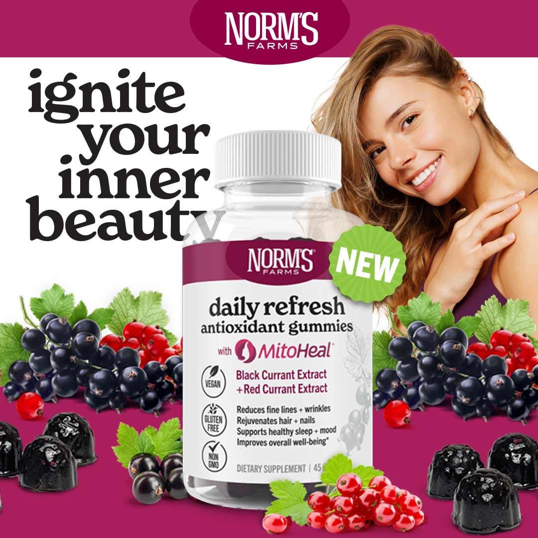 Norm's Farms Elderberry Antioxidant Gummies - Daily Refresh w/MitoHeal, 500mg Red & Black Currant Extract - Sleep, Mood, Skin, Hair & Nail Support - USA Made, Vegan, Non-GMO, Gluten-Free - 45 Gummies - Image 4