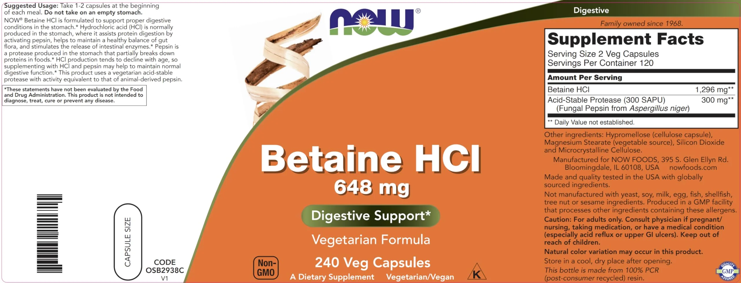 Now Betaine HCl 648mg 240 Veg Capsules (Pack of 2) - Digestive Enzymes Supplement - Enhanced with Pepsin Protease for Protein Digestion Support - Image 4