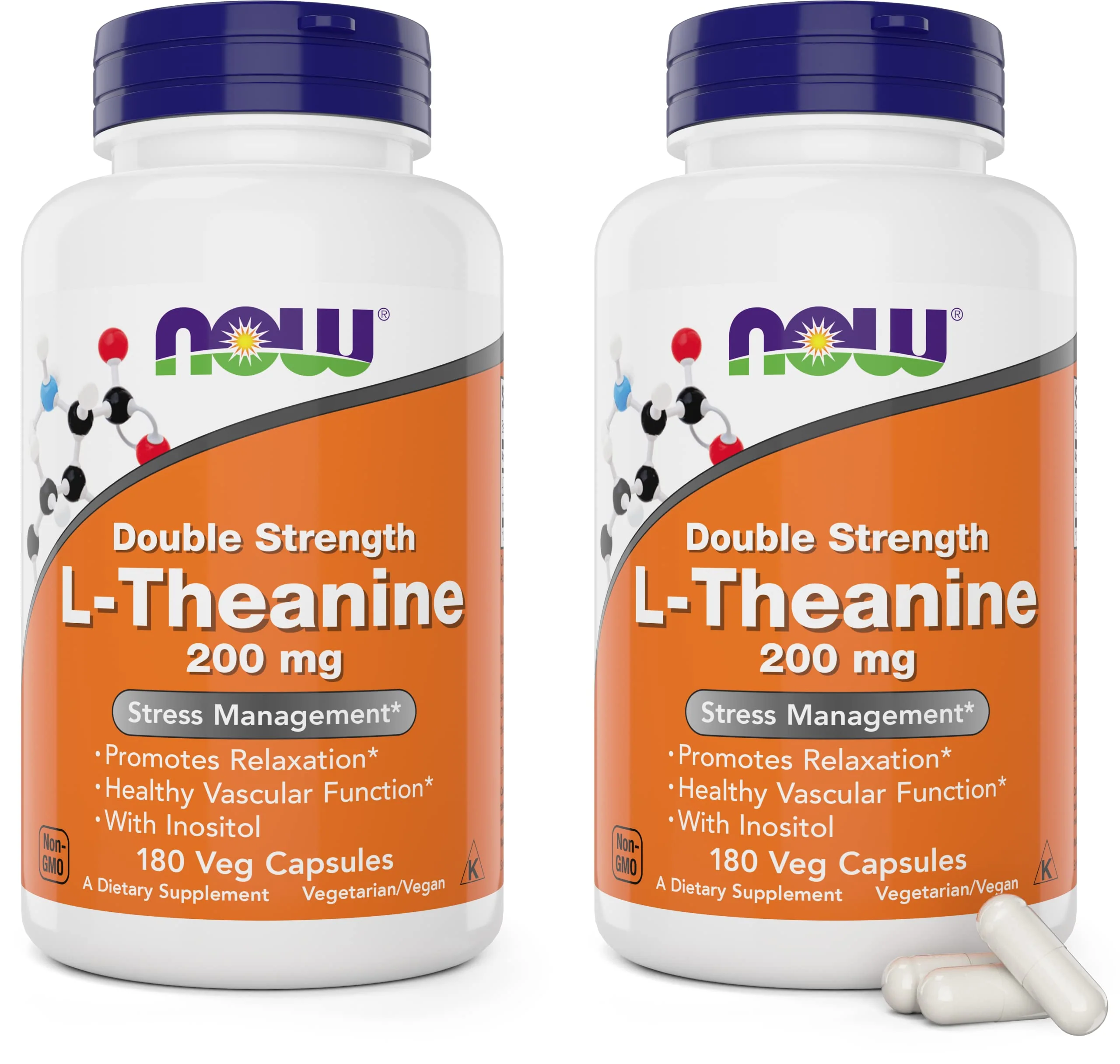 NOW Foods L-Theanine, Double Strength 200 mg Per Cap - 180 Veg Capsules (Pack of 2) (360 Total caps) - Enhanced with 100mg Inositol - Vegetarian, Non-GMO - Ltheanine 200mg Supplement