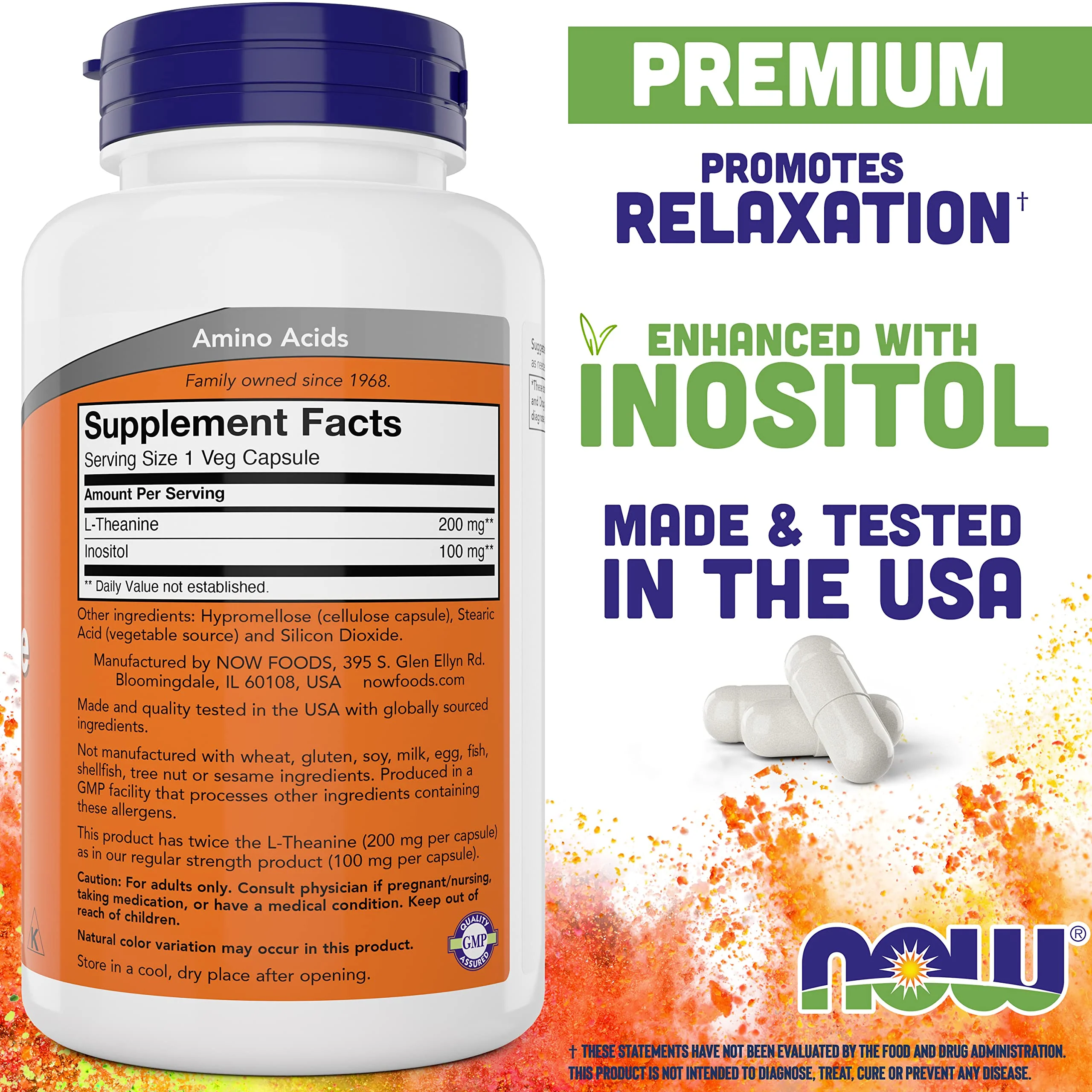 NOW Foods L-Theanine, Double Strength 200 mg Per Cap - 180 Veg Capsules (Pack of 2) (360 Total caps) - Enhanced with 100mg Inositol - Vegetarian, Non-GMO - Ltheanine 200mg Supplement - Image 7