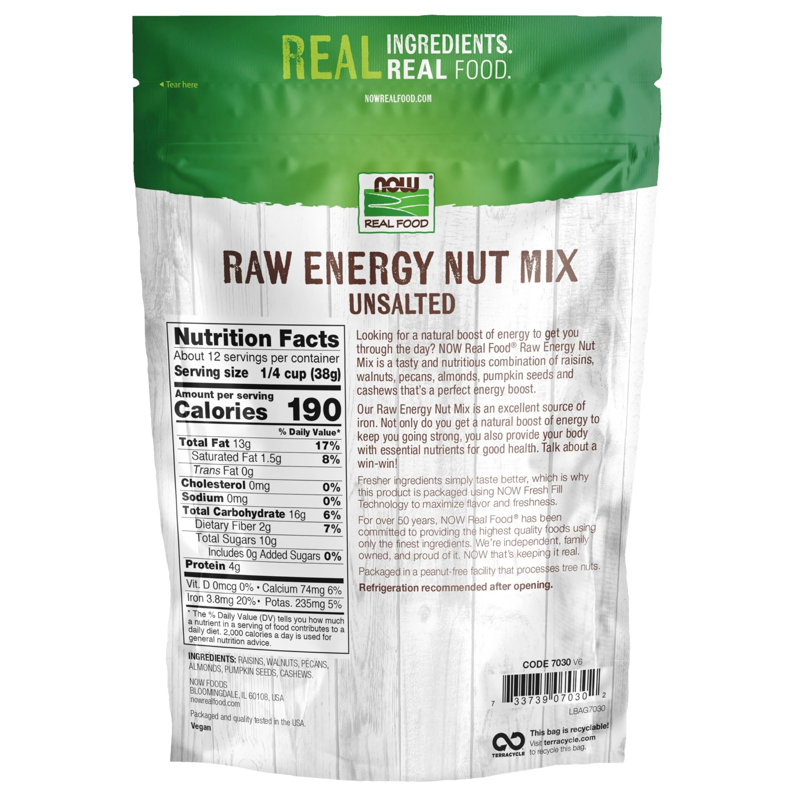 NOW Foods, Raw Energy Nut Mix, Unsalted Mix of Raisins, Walnuts, Peacans, Almonds, Pumpkin Seeds and Cashews, Great-Tasting, Source of Iron, 16-Ounce (Packaging May Vary) - Image 2