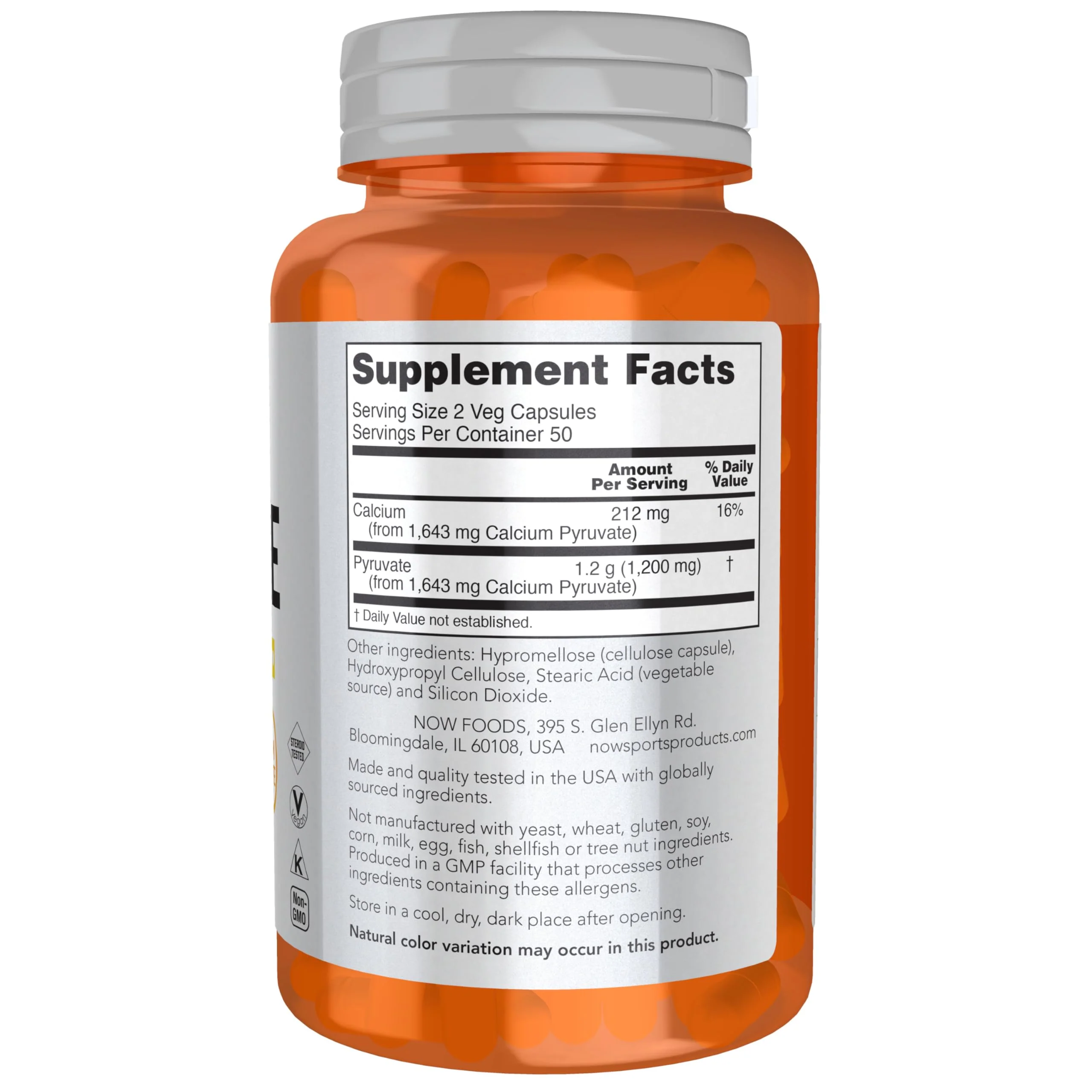 NOW Foods Sports Nutrition, Pyruvate (Pyruvic Acid) 600 mg, Energy Production*, 100 Veg Capsules - Image 6