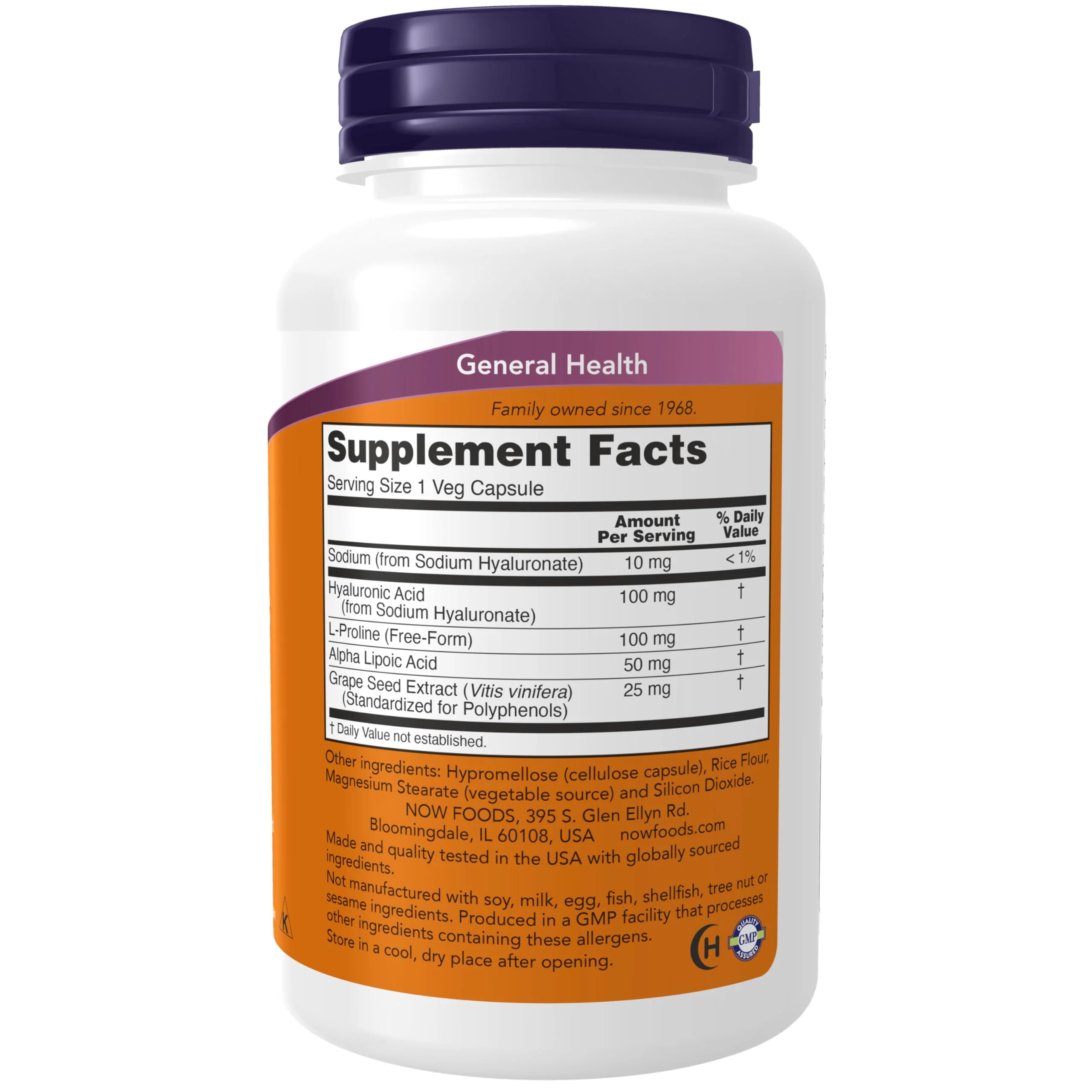 NOW Foods Supplements, Hyaluronic Acid 100 mg, Double Strength with L-Proline, Alpha Lipoic Acid and Grape Seed Extract, 120 Veg Capsules - Image 8