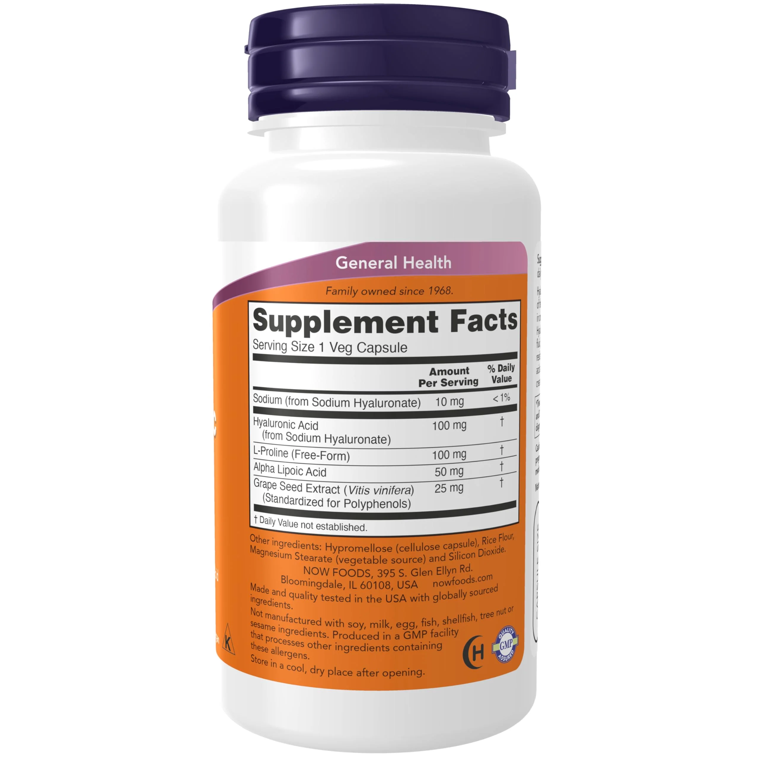 NOW Foods Supplements, Hyaluronic Acid 100 mg, Double Strength with L-Proline, Alpha Lipoic Acid and Grape Seed Extract, 60 Veg Capsules - Image 2