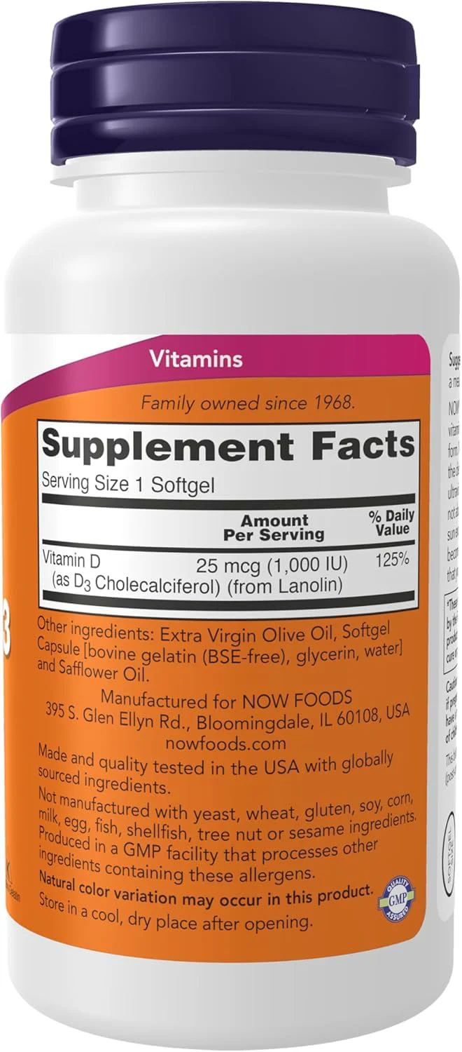 NOW Foods, Vitamin D-3, High Potency, 1,000 IU, 180 Softgels - Image 2