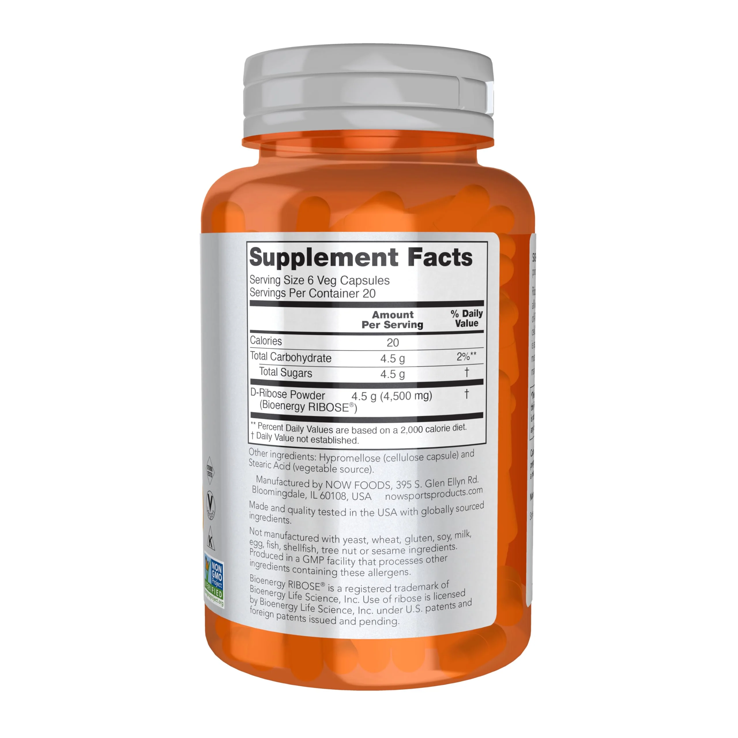 NOW Sports Nutrition, D-Ribose 750 mg, Certified Non-GMO, Energy Production*, 120 Veg Capsules - Image 7