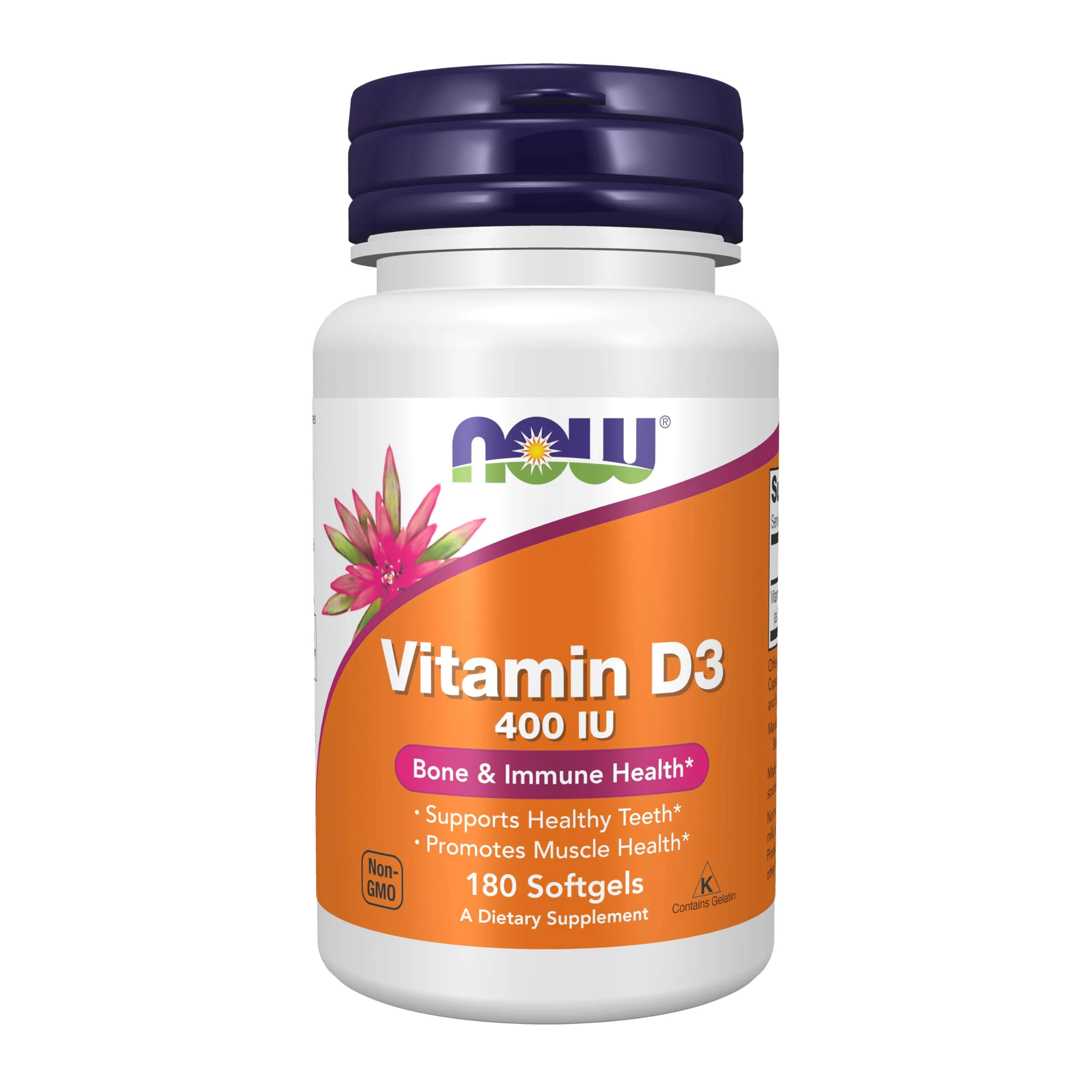 NOW Supplements, Vitamin D-3 400 IU, Strong Bones*, Structural support*, 180 Softgels