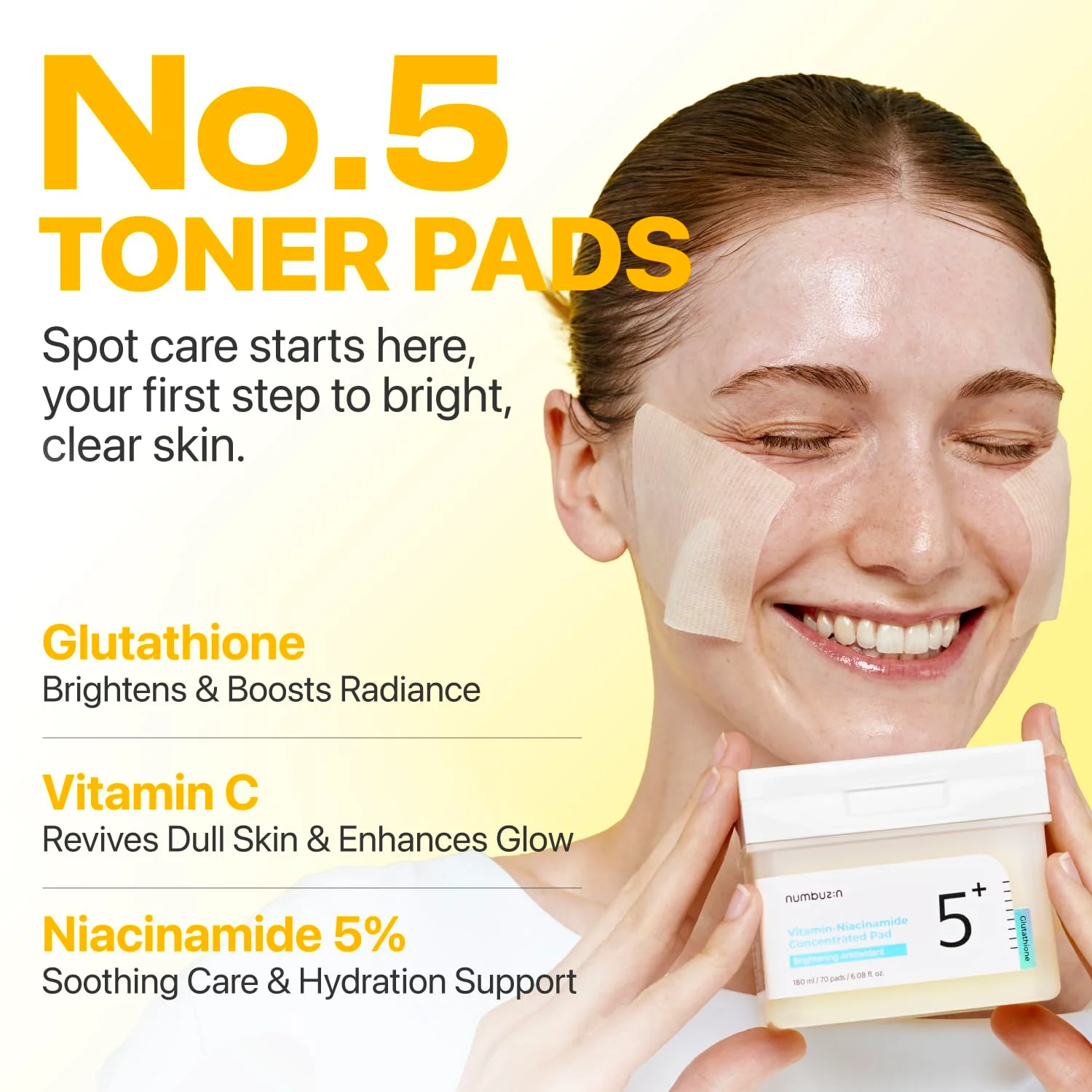 numbuzin No.5 Vitamin-Niacinamide Concentrated Pad, Daily Double-Sided Facial Pads with Glutathione, PHA & LHA for a Fresh, Radiant-Looking Skin Finish 180 ml (70 Pads) - Image 8