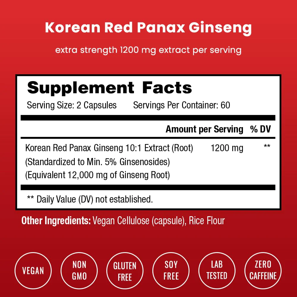 NutraChamps Korean Red Panax Ginseng Capsules | Extra Strength Ginsenosides for Energy, Focus, Performance, Vitality & Immune Support | Korean Ginseng Root Extract (120, Red) - Image 12
