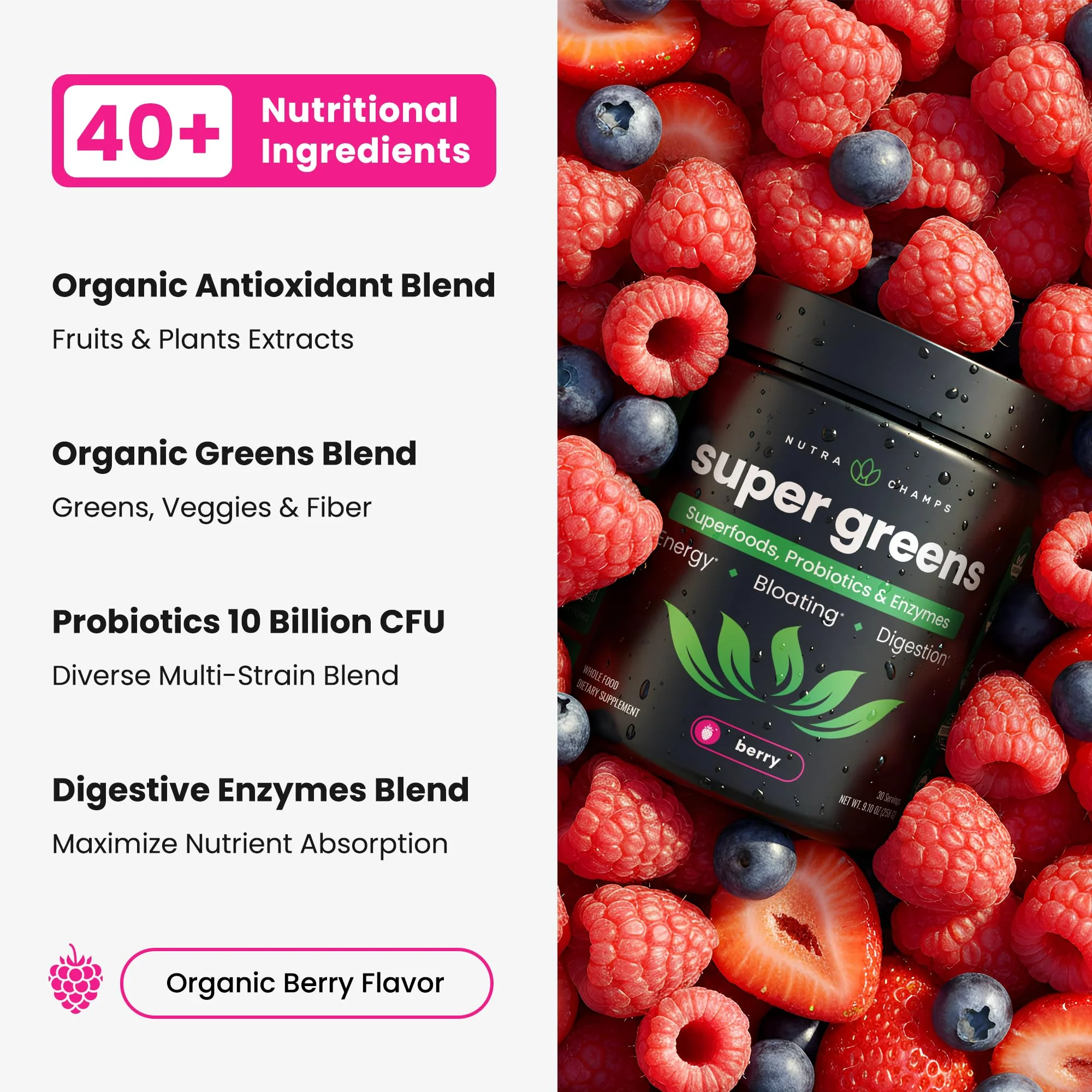 NutraChamps Super Greens Powder Premium Superfood | 20+ Organic Green Veggie Whole Foods | Wheat Grass, Spirulina, Chlorella & More | Antioxidant, Digestive Enzyme & Probiotic Blends - Image 5
