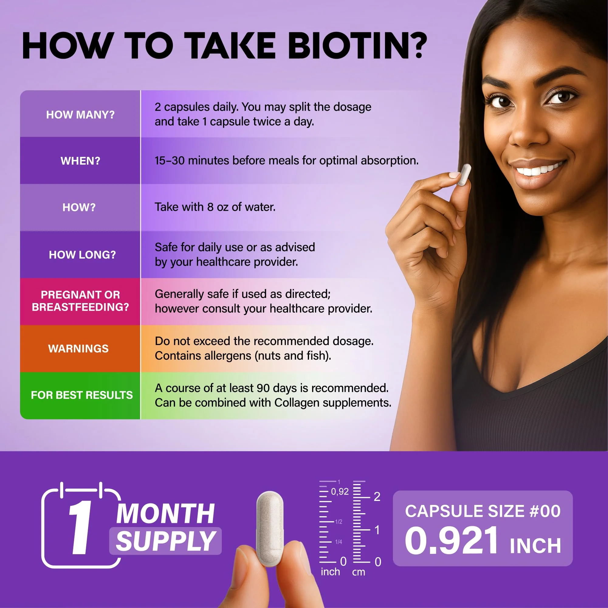 NUTRAHARMONY Biotin | Collagen | Hyaluronic Acid | Keratin - Support Normal Hair Growth Cycle - Skin & Nails - 25000mcg Vitamins B1, B2, B3, B6 & B7 - for Women & Men - Made in USA | 60 Capsules - Image 4