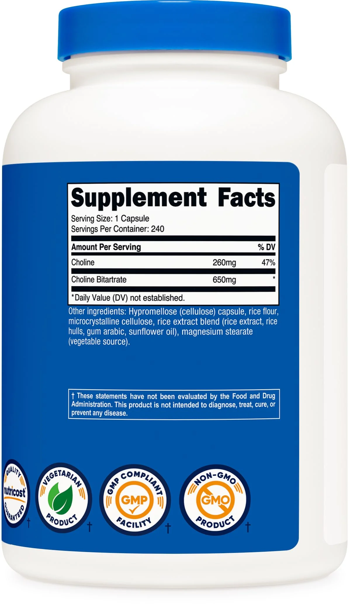 Nutricost Choline Bitartrate 650mg, 240 Vegetarian Capsules - Non-GMO, Vegetarian Friendly, Gluten Free - Image 2