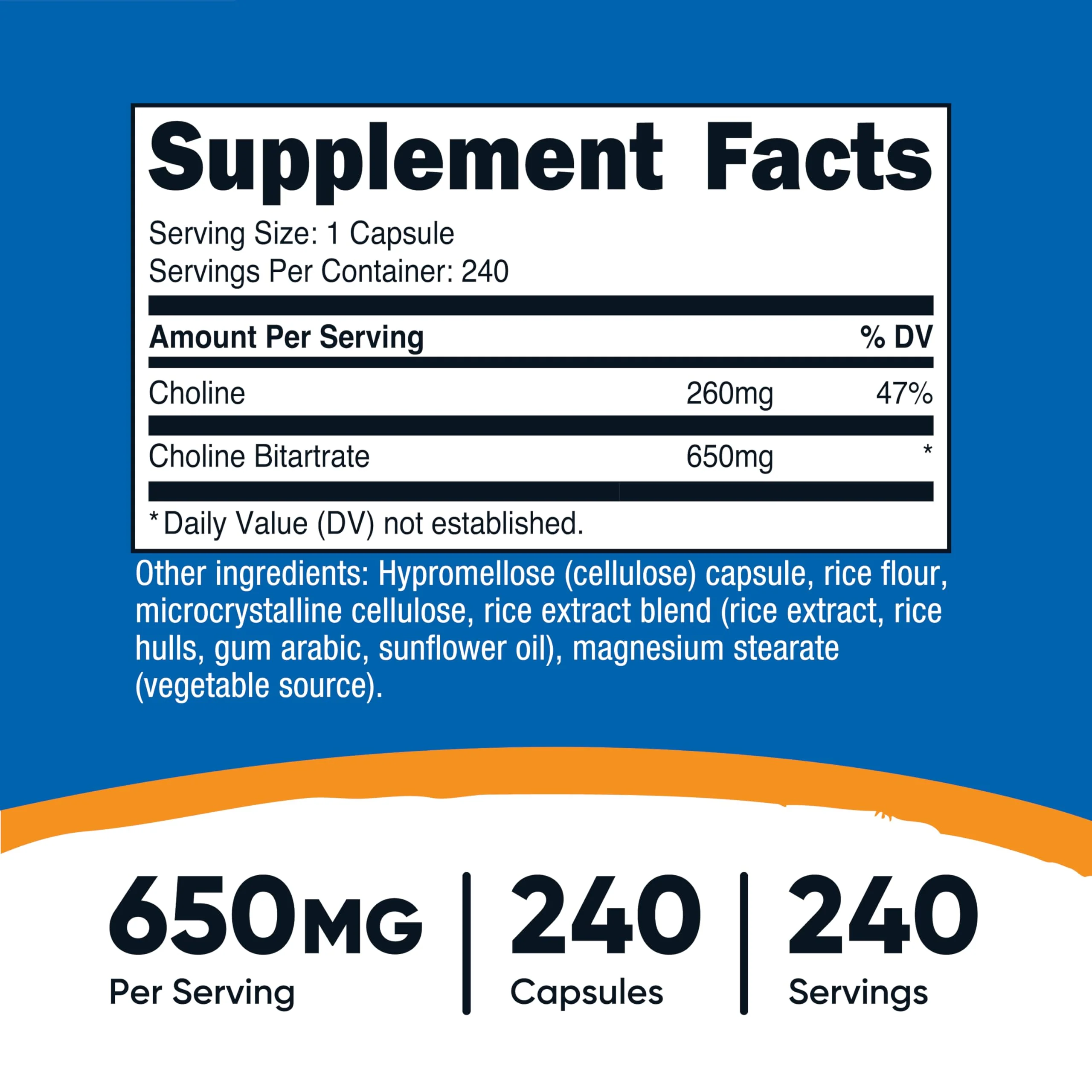 Nutricost Choline Bitartrate 650mg, 240 Vegetarian Capsules - Non-GMO, Vegetarian Friendly, Gluten Free - Image 5