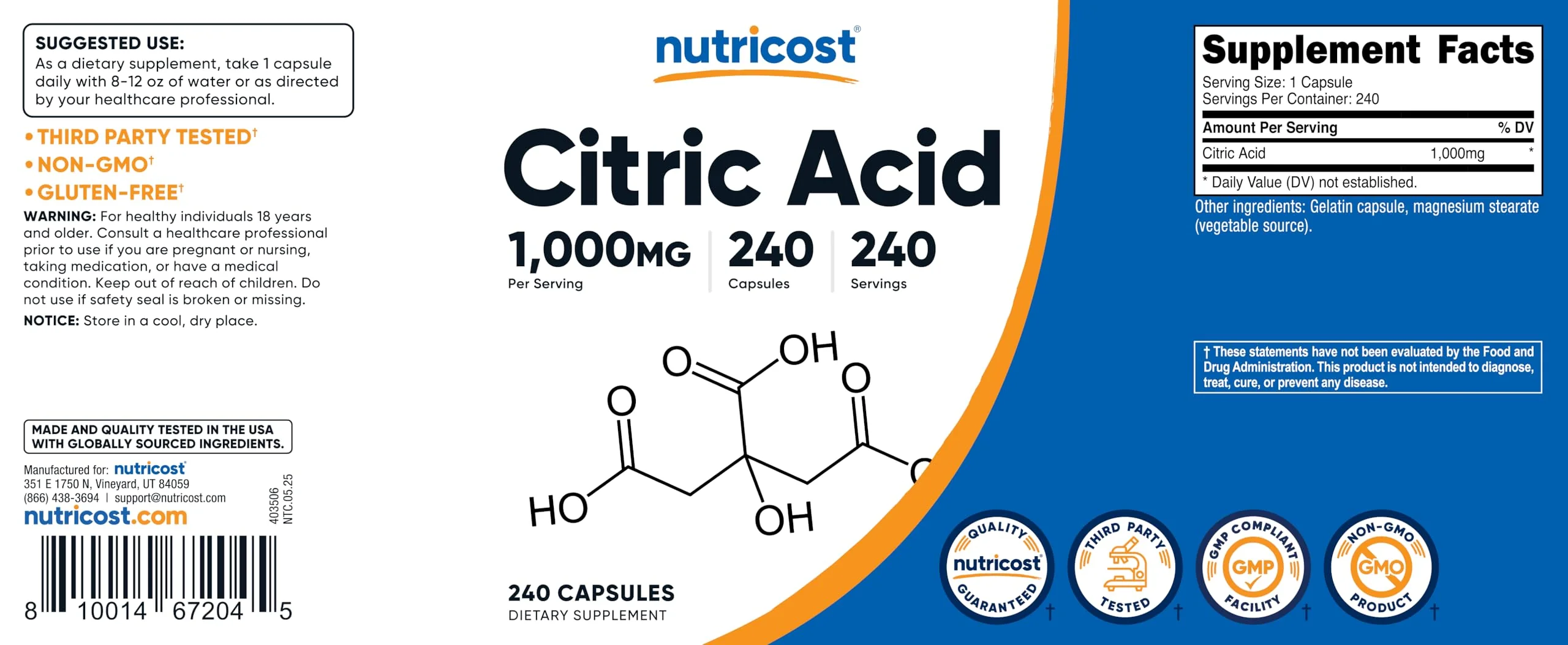 Nutricost Citric Acid 1000mg (1 gram), 240 Capsules - Gluten Free, Non-GMO - Image 2