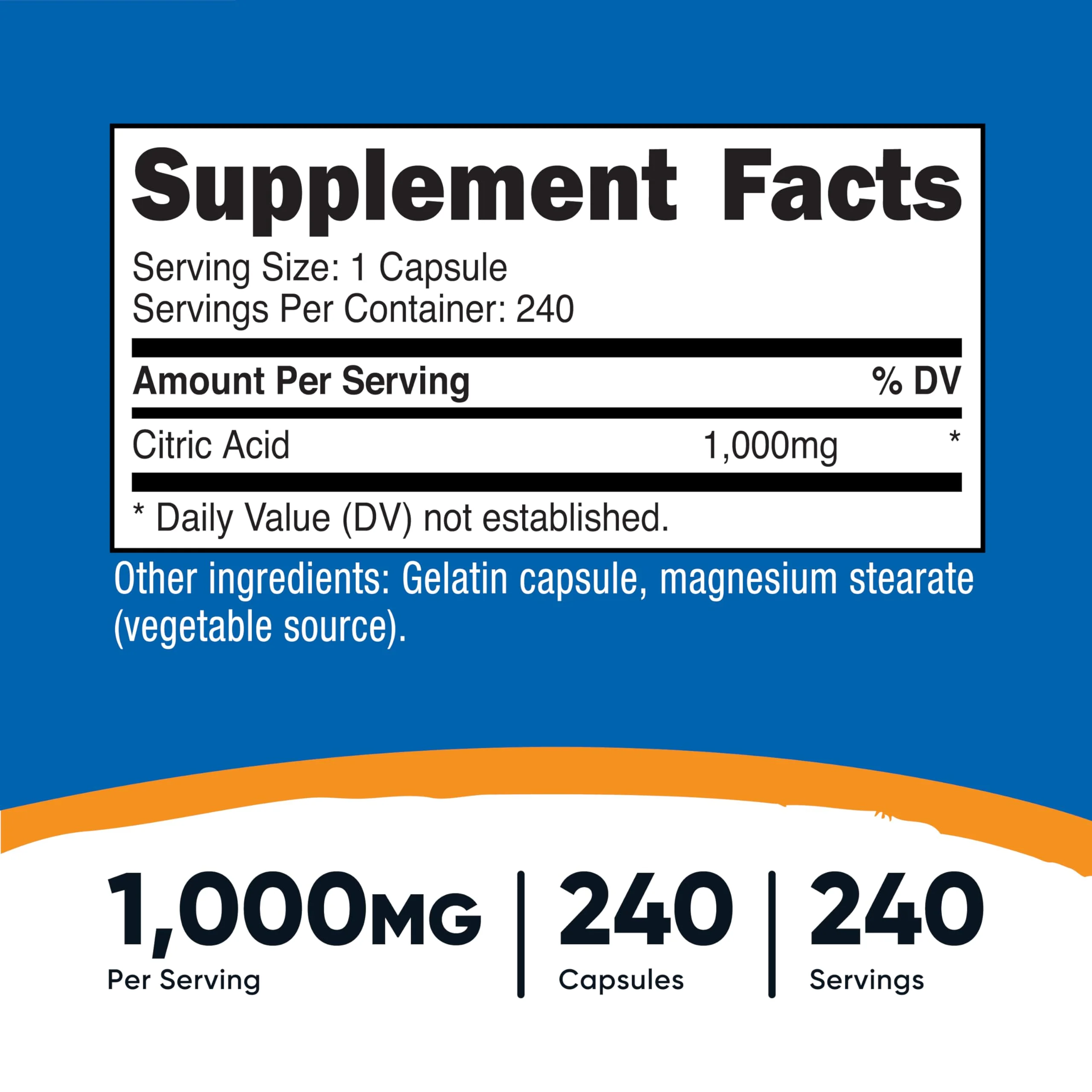 Nutricost Citric Acid 1000mg (1 gram), 240 Capsules - Gluten Free, Non-GMO - Image 6