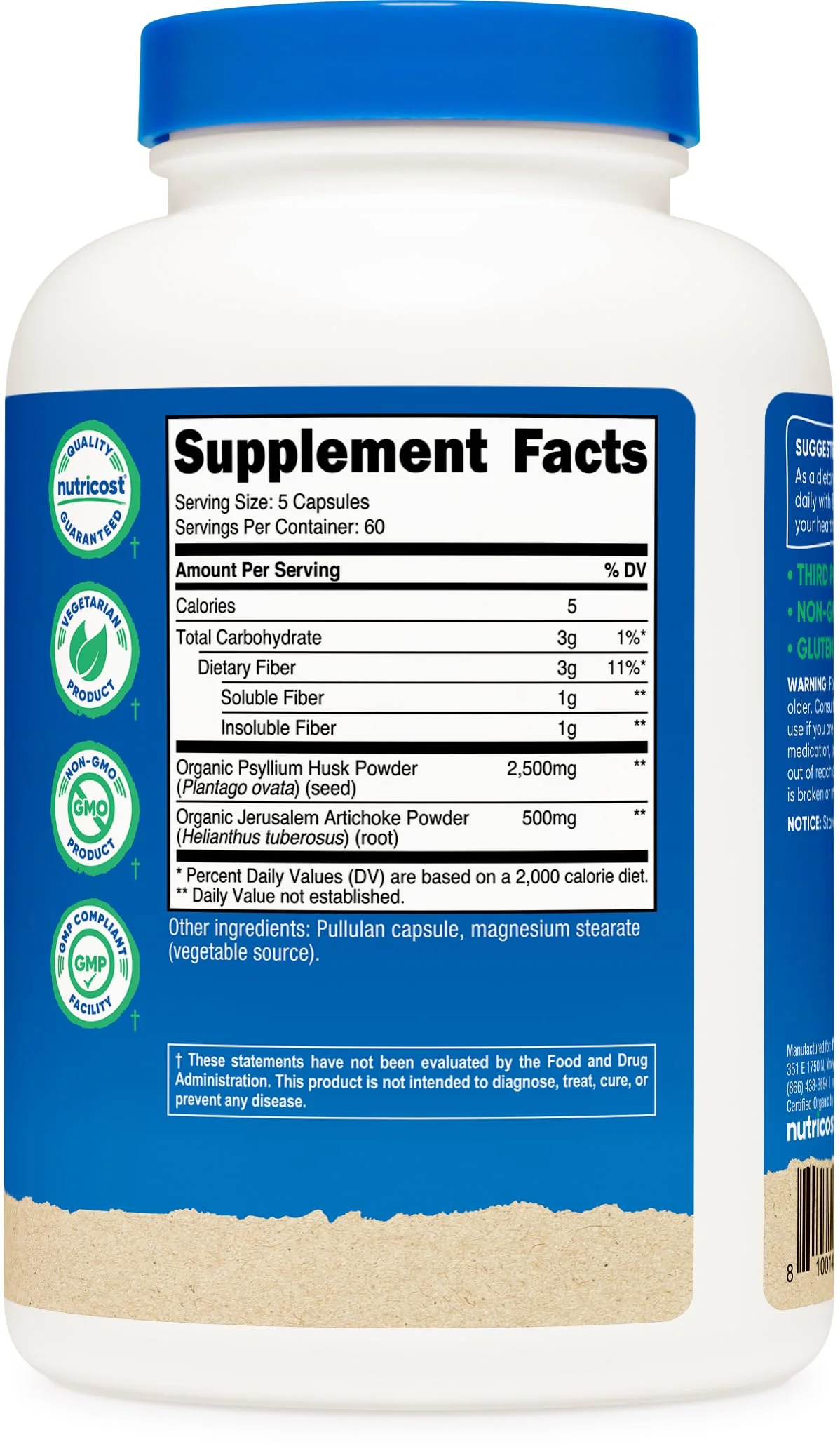 Nutricost Fiber Capsules with Prebiotic Fiber Supplement 300 Capsules - Made with Organic Psyllium Husk & Organic Jerusalem Artichoke, 60 Servings, Gluten Free, 3 G Per Serving - Image 2